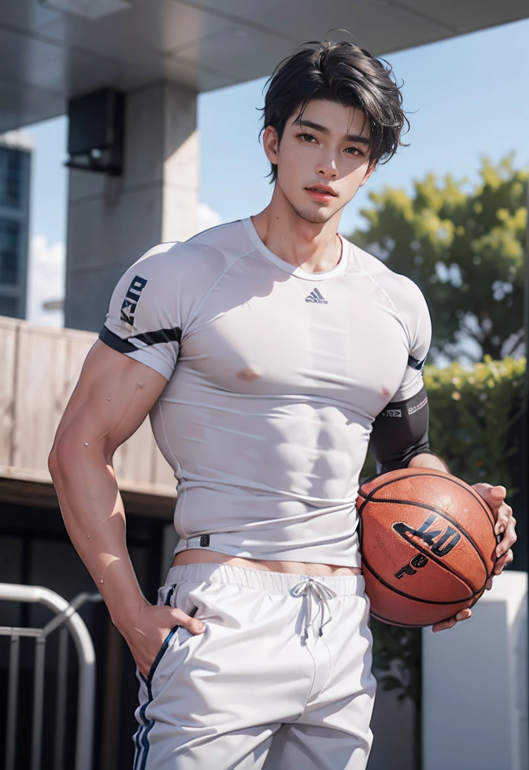 (10, raw photograph, Best qualtiy, master-piece:1.2), (lifelike, photo-realistic:1.4), illustration, high-res,hexagon,(1 Boy), Black Hair,rich, rough skin;, (oval face:1.1), Professional lighting, photons mapping, radiosity, Physical display, handsome, Sexy masculinity,Wear white trousers....,musculature,full ,Large bulge,Dunk on the basketball court, The shirt was so wet that I could see the muscles and see the nipples., Some pants can see a pretty hard penis...