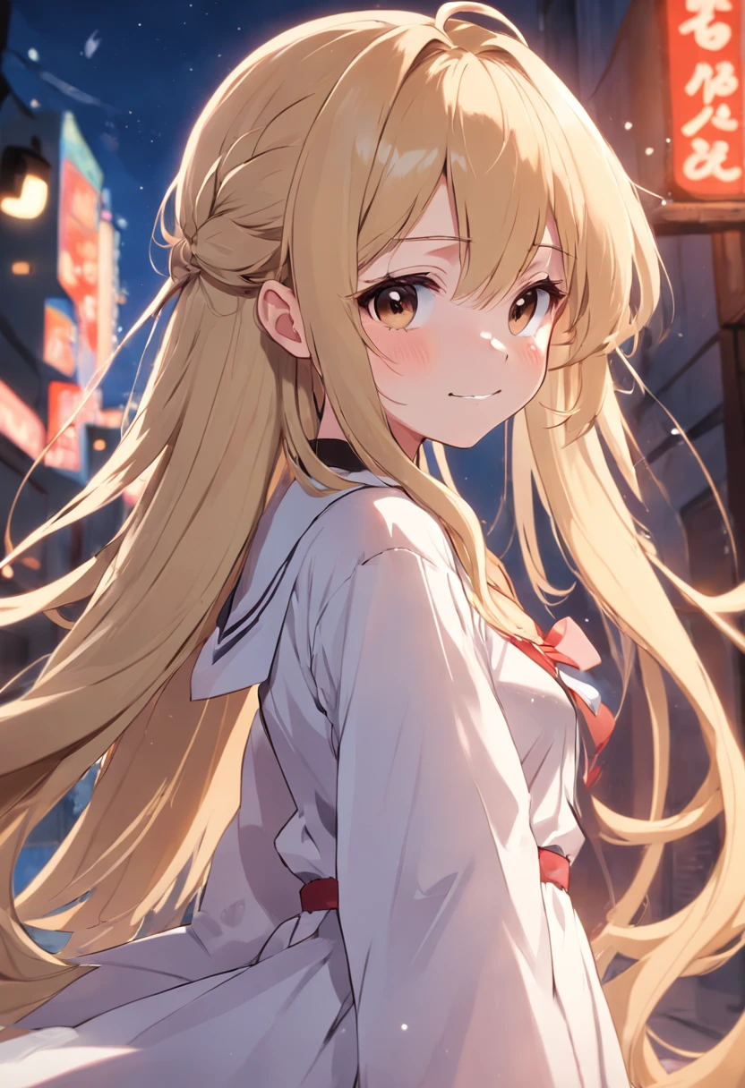 a cartoon drawing of a blonde haired girl with long hair, blonde anime girl with long hair, [[[[grinning sweetly]]]], anime girl named lucy, gapmoe, in an anime style, flat anime style shading, anime girl with long hair, cel - shaded art style, anime moe artstyle, loli in white dress, [[[[close eyes]]]]