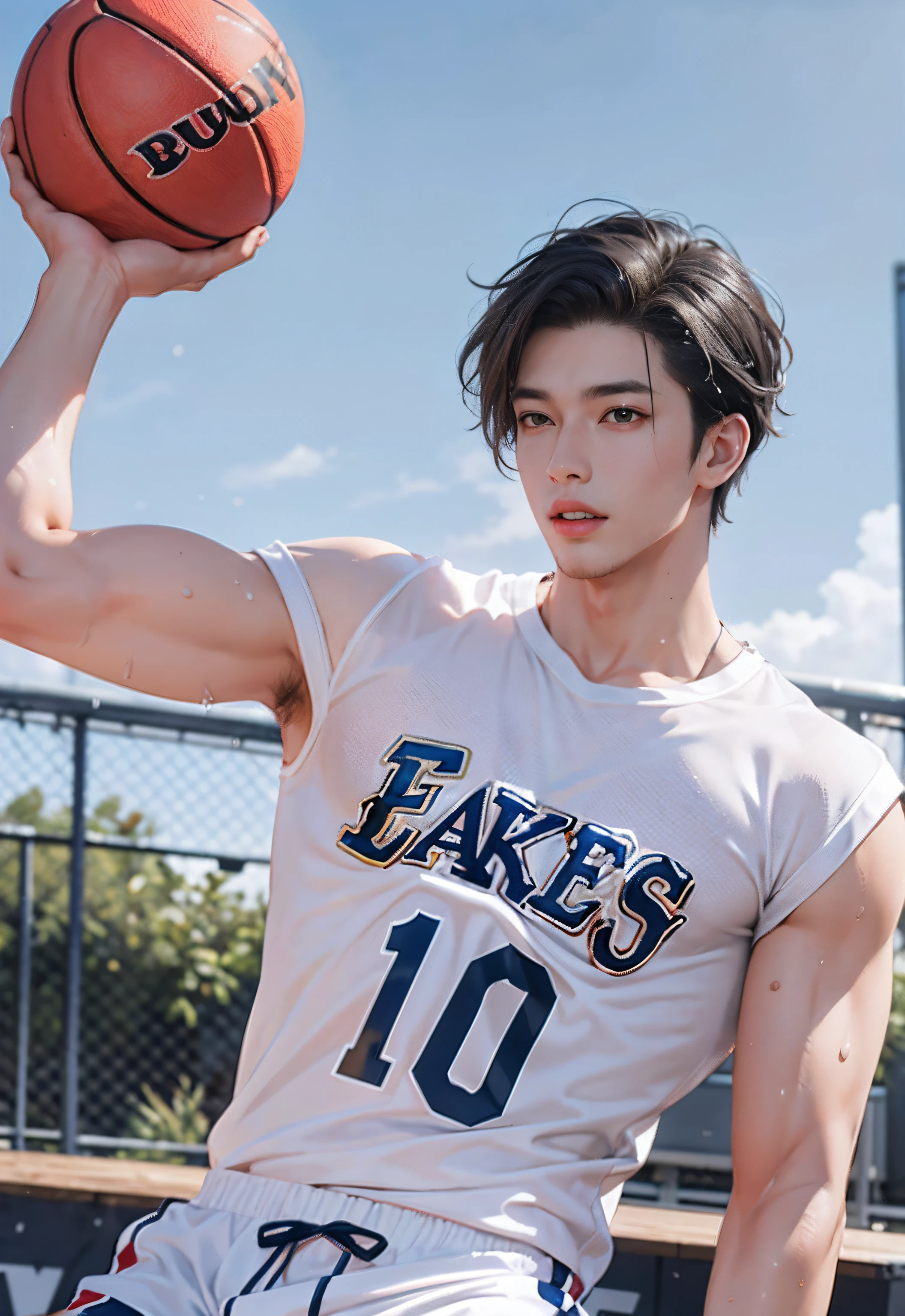 (10, raw photograph, Best qualtiy, master-piece:1.2), (lifelike, photo-realistic:1.4), illustration, high-res,hexagon,(1 Boy), Black Hair,rich, rough skin;, (oval face:1.1), Professional lighting, photons mapping, radiosity, Physical display, handsome, Sexy masculinity,Wear white trousers.....,musculature,full ,Large bulge,Dunk on the basketball court, The shirt was so wet that I could see the muscles and see ., Shorts and get wet with sweat until you see the muscles and penis.