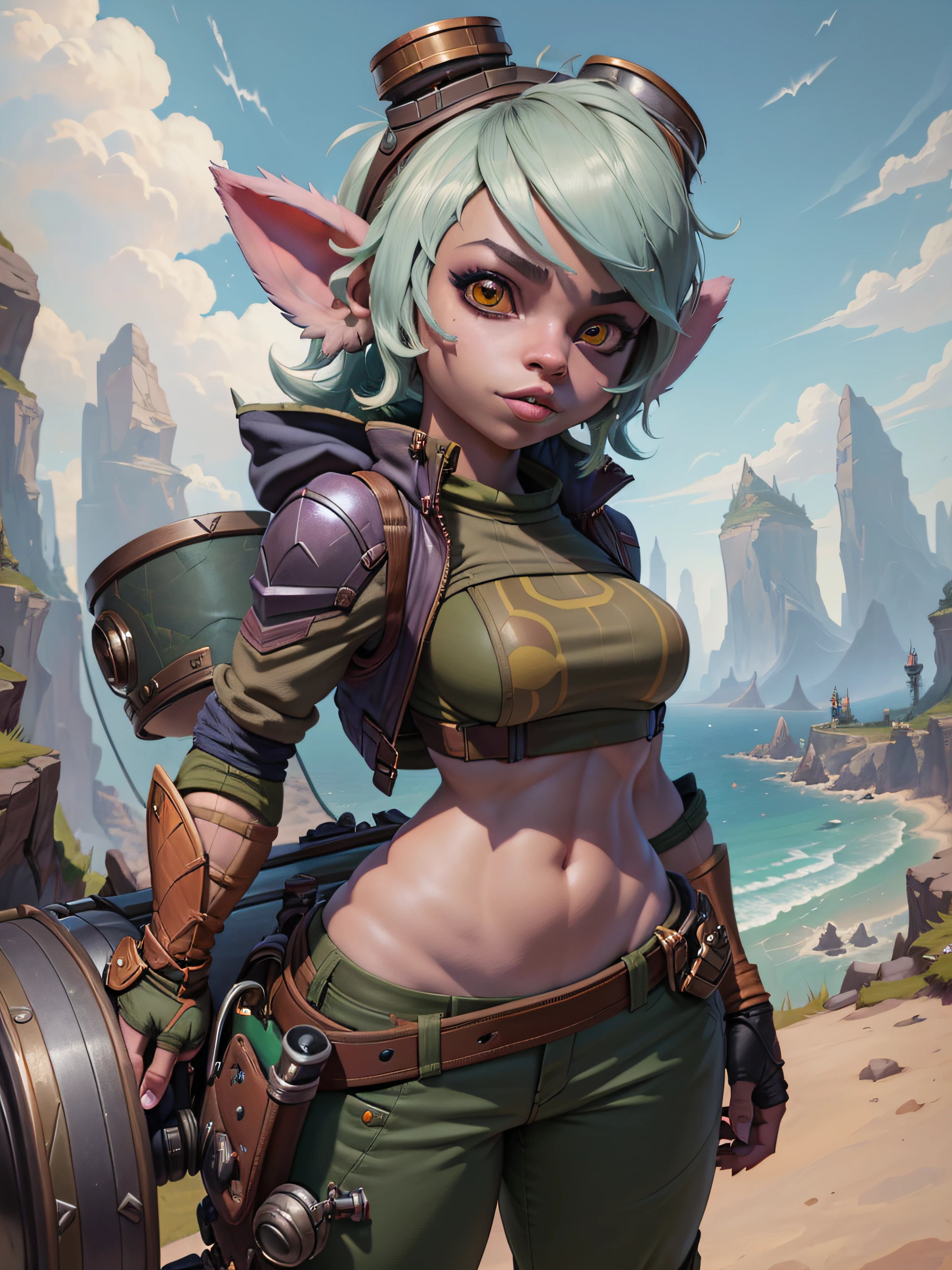 tristana, 1girl, standing, portrait, goggles, crop top, green pants, fingerless gloves, solo, (best quality), (outdoors league of legends background:1.2), medium breasts, dramatic lighting, detailed hair, looking at viewer,