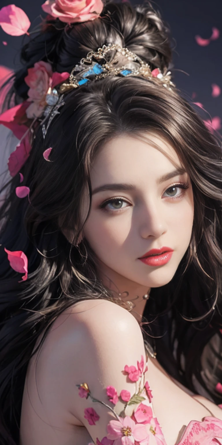 stunning beauty, Aesthetic, Oil painting style, thick coating, Women with incomparable style, Exquisite facial makeup, Black hair, long hair and waist, long eyelashes, Dark brown pupil eyes, exquisite nose, Lip balm, Inseparable strands, Beautiful posture, Graceful curves, Plump ideal type, Super special exaggerated huge breast weight, Bold, Elegant, Extravagant artistic acts, romanticism, (Fractal Art), Vibrant colors, Sunny glare smooth skin, Professional photo close-ups, Brutalist design, Explore Victoria's Secret, blush, flower petals, Vivid colors, The most beautiful chaotic shapes, Colorful, Colorful magnificent, From  above, from the front side
