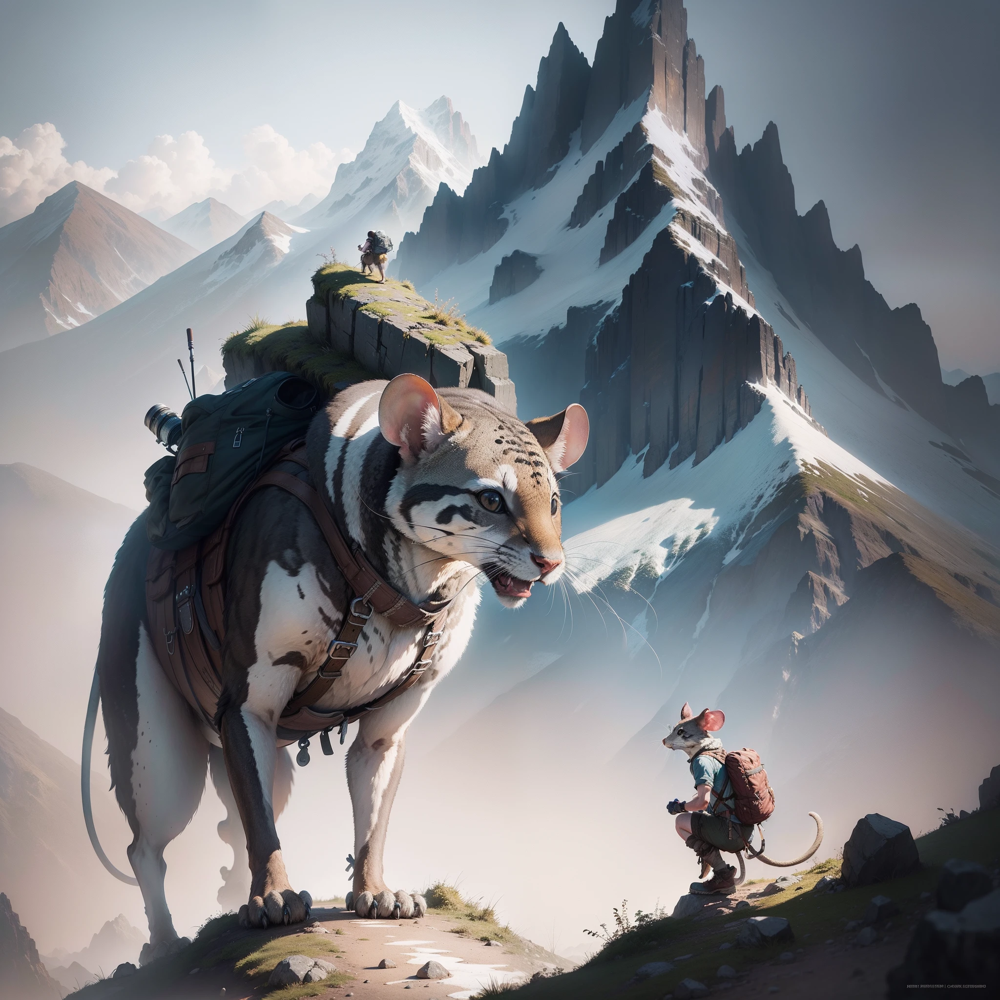a hiker mouse climbing a mountain, Watercolor, trending on artstation, sharp focus, studio photo, intricate details, highly detailed, by greg rutkowski