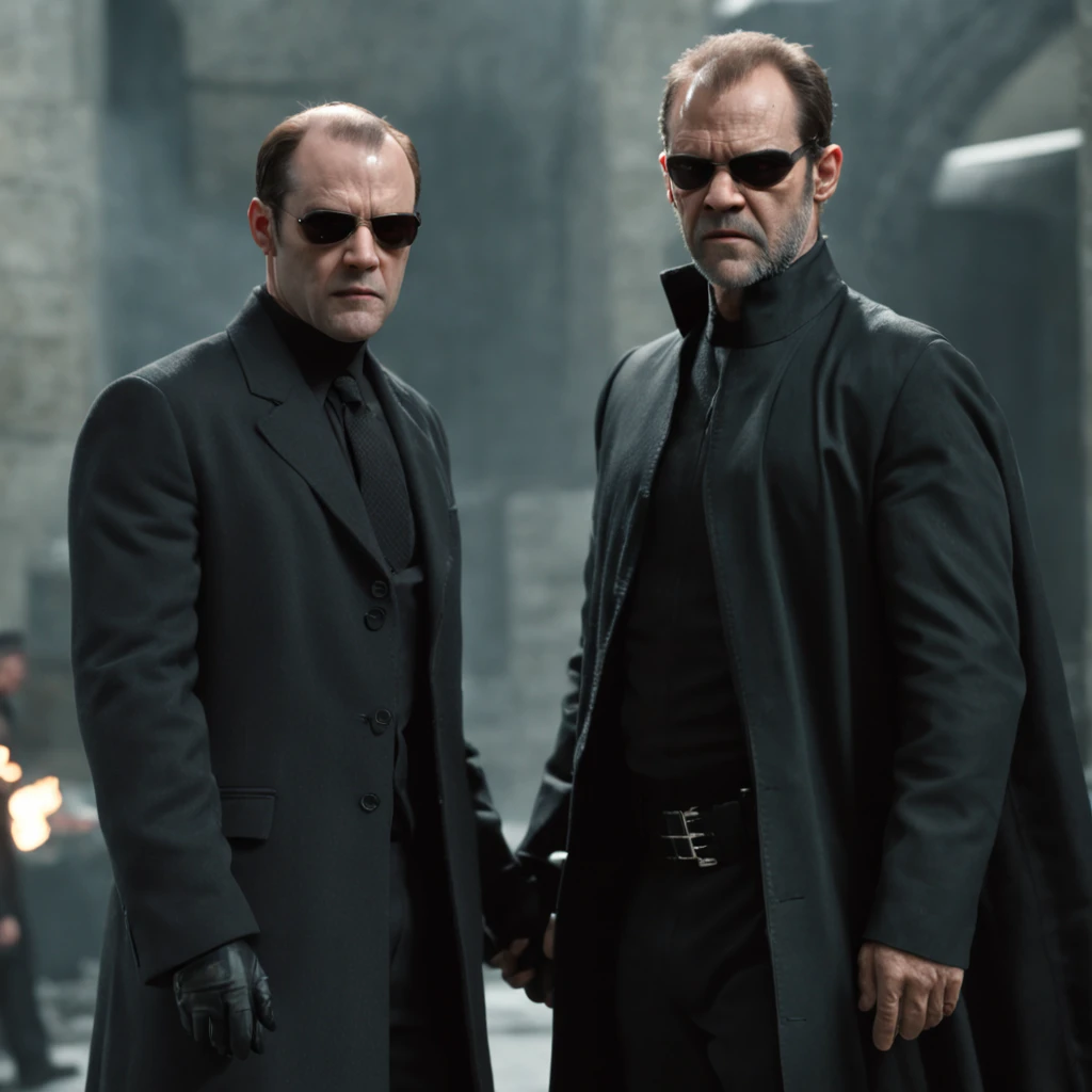 (professional 3d render:1.3) af (Realistic:1.3) most beautiful perfect artwork photo in the world of a full-length cinematic HDR still shot of Hugo Weaving Agent Smith fighting Laurence Fishburne Morpheus in "The Matrix" film from 1999