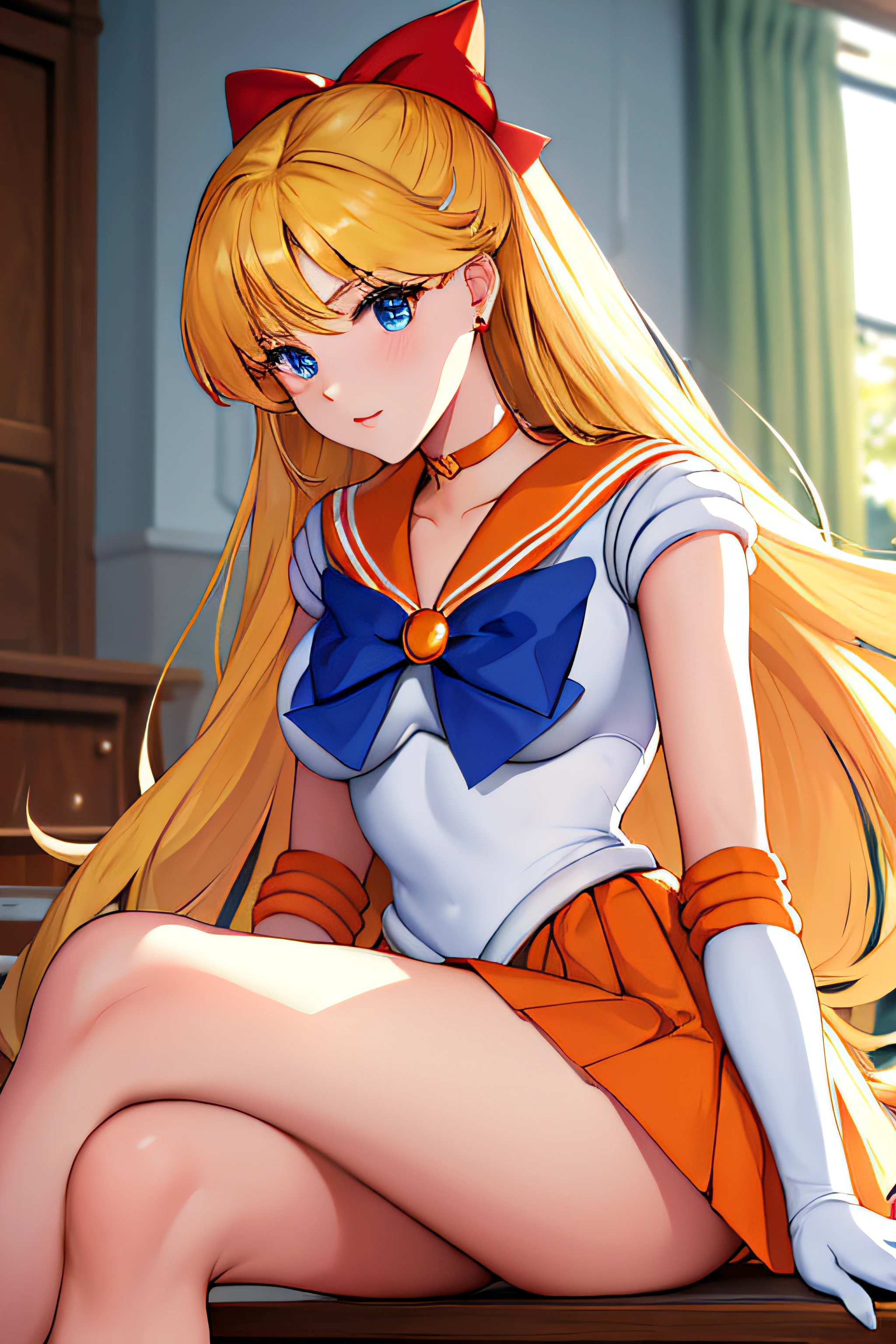 masterpiece, best quality, highres, venus1, 1girl, solo, sailor senshi uniform, sailor venus, aino minako, blonde hair, magical girl, blue eyes, orange skirt, elbow gloves, tiara, pleated skirt, hair bow, orange sailor collar, miniskirt, choker, red bow, orange choker, white gloves, very long hair,  jewelry,  earrings, sitting, crossed legs,