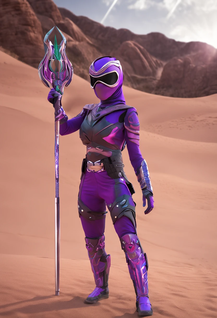 rita from power rangers, 1female, helmet, horns, hijab on face, transparent ninja mask, holding staff, 8k, ultra hd, 4k, photo accurate, cinematic, ambient occlusion, looking at viewer, green eyes, black hair, middle aged, purple armour, desert background, bright background