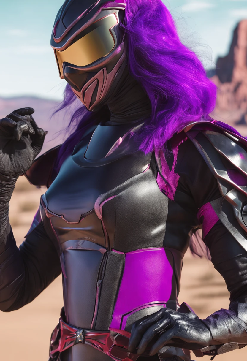 rita from power rangers, 1female, helmet, horns, hijab on face, transparent ninja mask, holding staff, 8k, ultra hd, 4k, photo accurate, cinematic, ambient occlusion, looking at viewer, green eyes, black hair, middle aged, purple armour, desert background, bright background