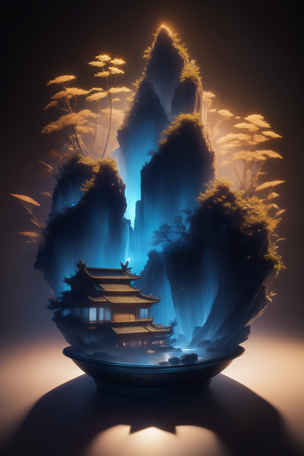 best quality, realistic, photorealistic, ultra detailed, Miniature landscape，Chinese architecture，Immortal Mansion， ceramics, Ultra wide angle,Accent Lighting,Volumetric Lighting,backlighting, (detailed light),((an extremely delicate and beautiful)),dramatic_shadow,ray_tracing,hdr，Rich colors，clean backdrop