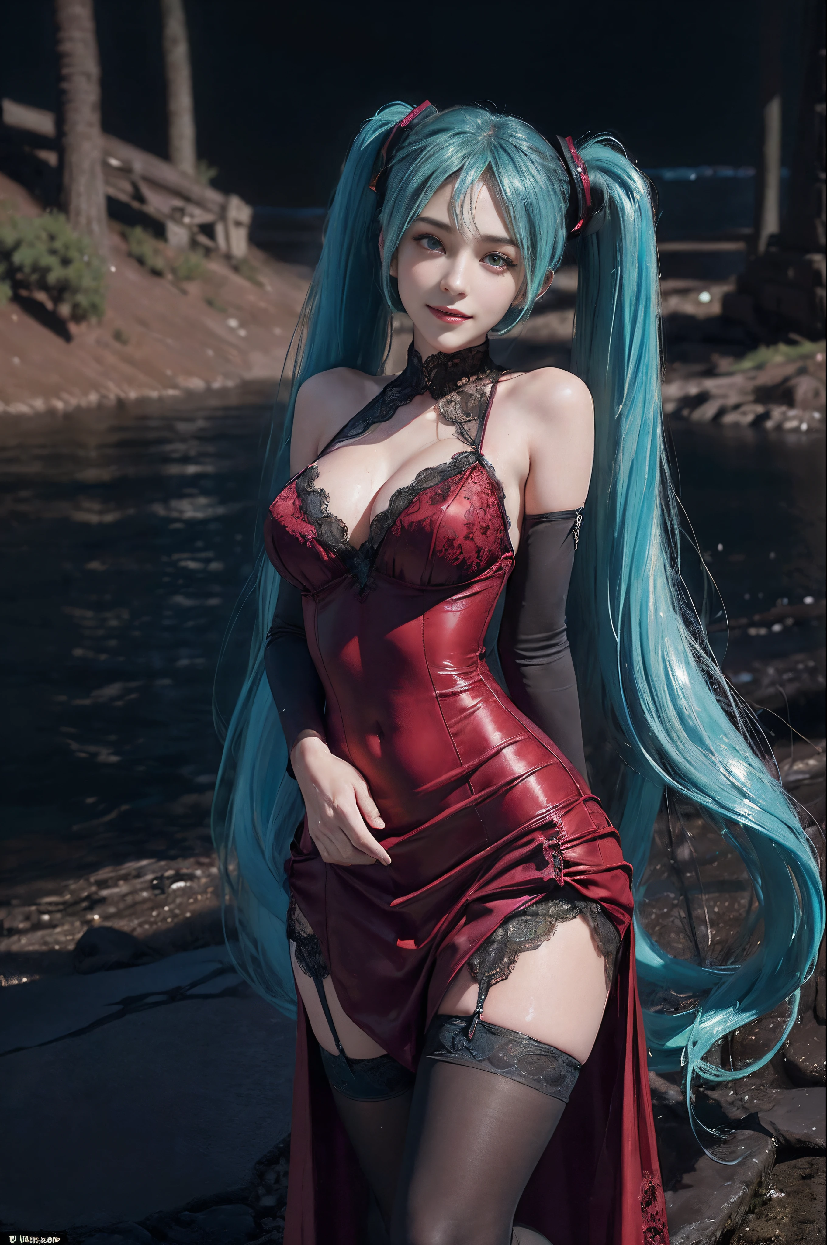 (((hatsune miku charakter))), (((tosca hair color))), ((long twin tail hair with pony)), looking at the view, eyes on the view, (((perfect eyes))), (((smile))), 21 years old girl, perfect body, (((perfect anatomy))), tosca eyes color, double eyelids, (((huge breasts))), Highly detailed skin texture, (Realistic skin), Ultra-Detailed Face, Detailed Lips, (((Detailed Eyes))), (((Double Eyelids))), nacklaces, wet skin, wet hair, simple background, (front focus), (in the dark:1.6), (((night vibe))), deep dark, Hyperrealist portrait of female by david hockney and alphonse mucha, fantasy art, (((photo realistic))), ((dynamic pose)), (((world model pose))), dynamic lighting, artstation, poster, volumetric lighting, very detailed faces, 4 k, in the dark, (((night vibe))), ((deep shadow)), low key, cowboy shot, (((red long dress))), lighting dress, (((erotic lace dress))), (((stockings)))