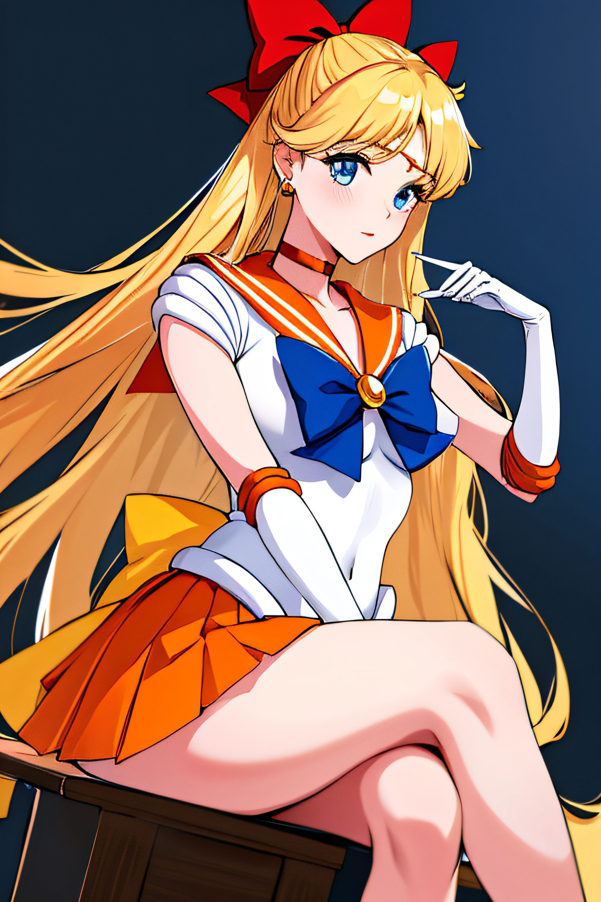 masterpiece, best quality, highres, venus1, 1girl, solo, sailor senshi uniform, sailor venus, aino minako, blonde hair, magical girl, blue eyes, orange skirt, elbow gloves, tiara, pleated skirt, hair bow, orange sailor collar, miniskirt, choker, red bow, orange choker, white gloves, very long hair,  jewelry,  earrings, sitting, crossed legs,