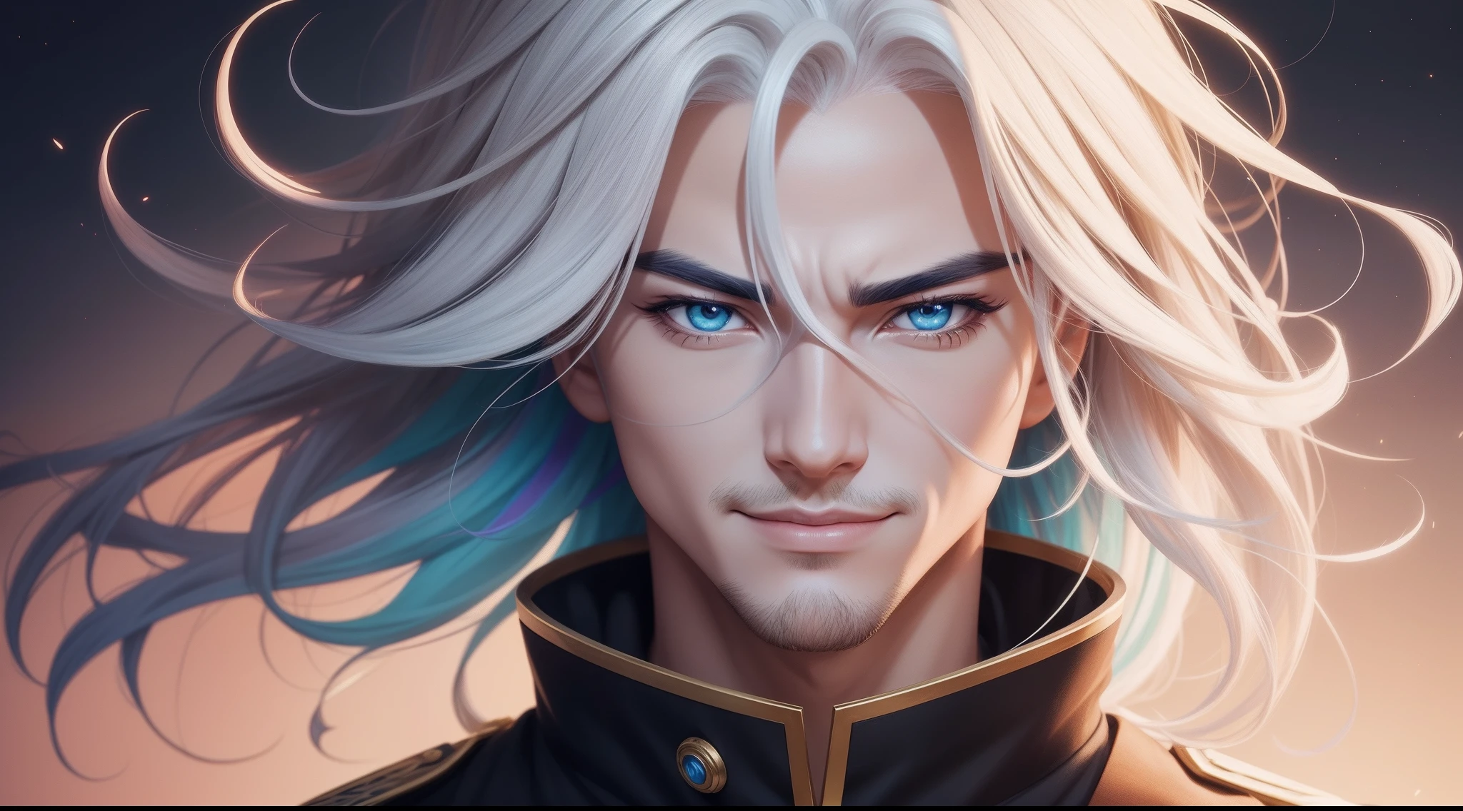 "Cheerful Madara is a real masterpiece with masculine beauty, perfect anatomy. Olpntng style, colorful rainbow, t-shirt design, clean design, epic Instagram, artstation, full paint streaks color, wlop, contour. When looking at his beautiful eyes, you can clearly see every small detail and perfect line, every detail on the skin is beautiful with 8K quality, people will be fascinated captivated by the confidence radiating from every look. His head has white hair and his face is drawn in meticulous detail with 8K quality images.''