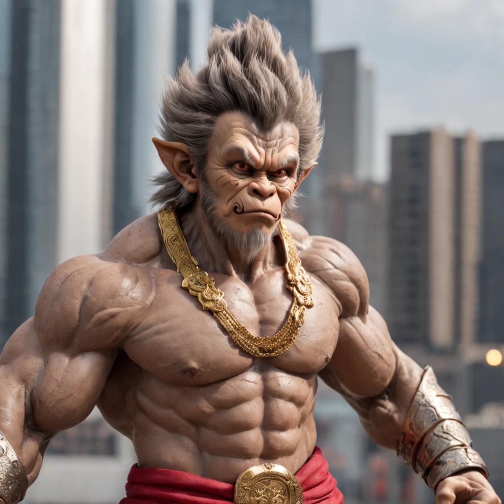 full length (professional 3d render:1.3) af (Realistic:1.3) most beautiful artwork photo in the world of the real life like muscular hulking monkey king goku with the (jin gu bang) in the middle of the battle in cyberpunk city, Professional full body photography CGI OF Sun wukong, infinity Black chrome armor, micro infinity details, hulking, infinity design, super musular, super hero, super hero stand,cyberpunk newyork city world, cinematic lighting nights, jet very long real hair, Goku wig, hair flaming, big round eyes visible, still he is Sun wukong, Sun wukong, Sun wukong the monkey king, ready to strike down the enemy, preform legndary Kung-fu kick, he is in action cinematic sence stand still film, live action, footage, life like, maximum face detail, super face detail, infinity armor, micro skins detail, man, human face.