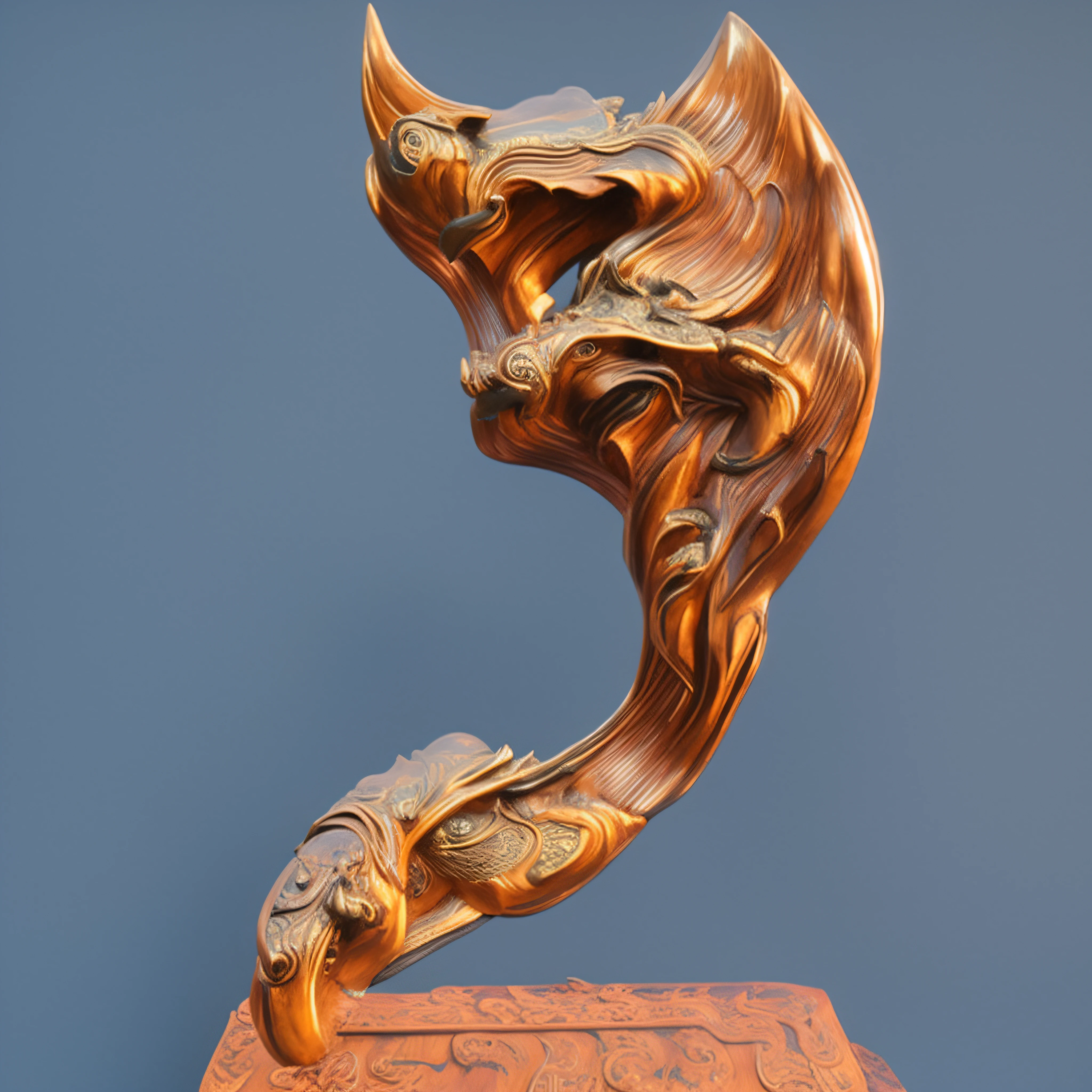 There is a sculpture of a dragon head on the wooden base, highly detailed sculpture, Masterpiece sculpture, award winning sculpture, ornate and flowing, above side view, Intricate sculptures, naga, phoenix head, Dragon Head, triumphant, Very detailed", Very detailed", Overly detailed sculptures, author:Arthur Penn, sculpture made of gold, Dragon, By Shen Quan, sculpted draconic features