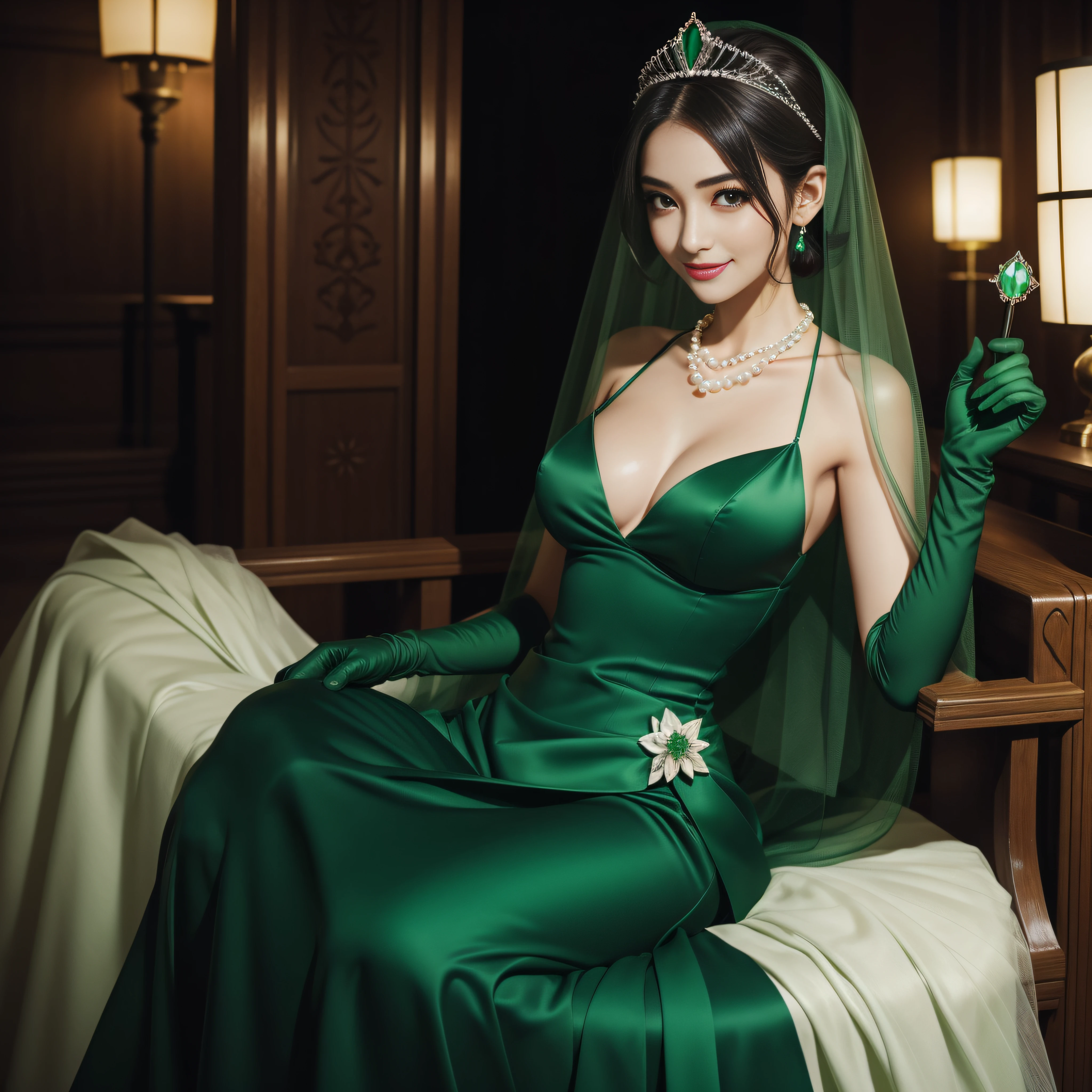 studio lights、depth of fields、full body Esbian、A slender、cute face、A smile、Beautiful detail eyes、Green Dress Flower Cleanser,Sense of atmosphere, best qualtiy,tmasterpiece,1girll,30-years old,Green dress,Daytime Church,full body Esbian, Green gloves,Black very short hair,big breasts beautiful,looking at viewert,ssmile,Green Bridal Veil,Green Long Grove,Satin green long gloves, lipsticks, Pearl Necklace、Green gloves, emerald tiara, A Japanese Lady