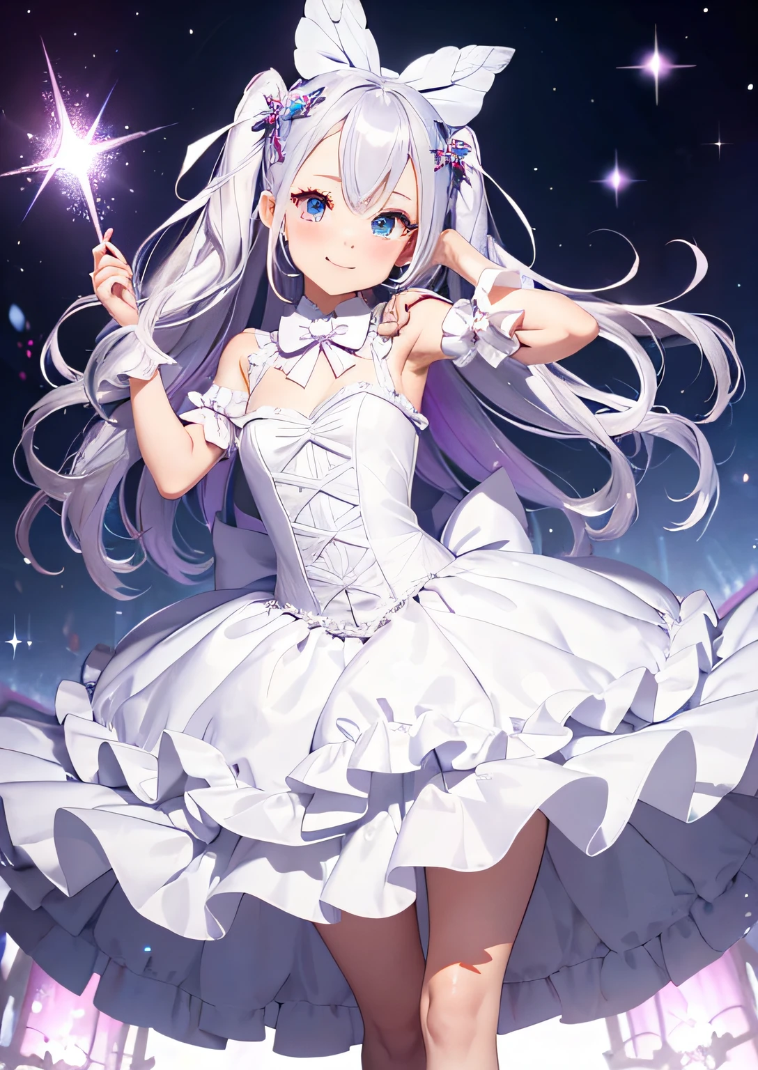 cannon, Bow knot, wedding gown, magical little girl, full body concept, Show forehead, leaning-forward, twin drills, silver hair, expressive hair, hairpin, ribbon, forehead jewel, butterfly hair ornament, multicolored eyes, heterochromia, evil smile, anime, sparkle, character chart, ccurate, high quality