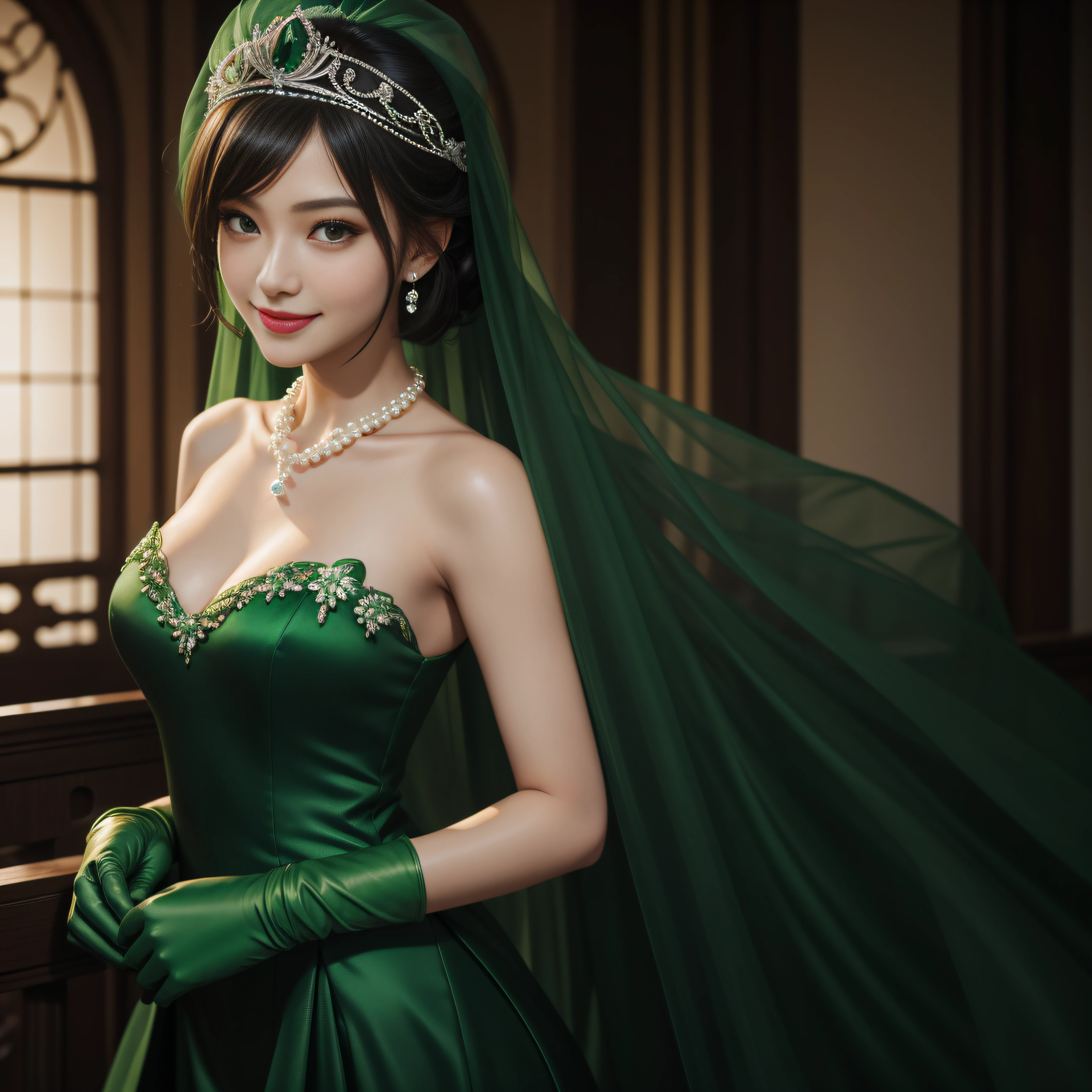 studio lights、depth of fields、full body Esbian、A slender、cute face、A smile、Beautiful detail eyes、Green Dress Flower Cleanser,Sense of atmosphere, best qualtiy,tmasterpiece,1girll,30-years old,Green dress,Daytime Church,full body Esbian, Green gloves,Black very short hair,big breasts beautiful,looking at viewert,ssmile,Green Bridal Veil,Green Long Grove,Satin green long gloves, lipsticks, Pearl Necklace、Green gloves, emerald tiara, A Japanese Lady