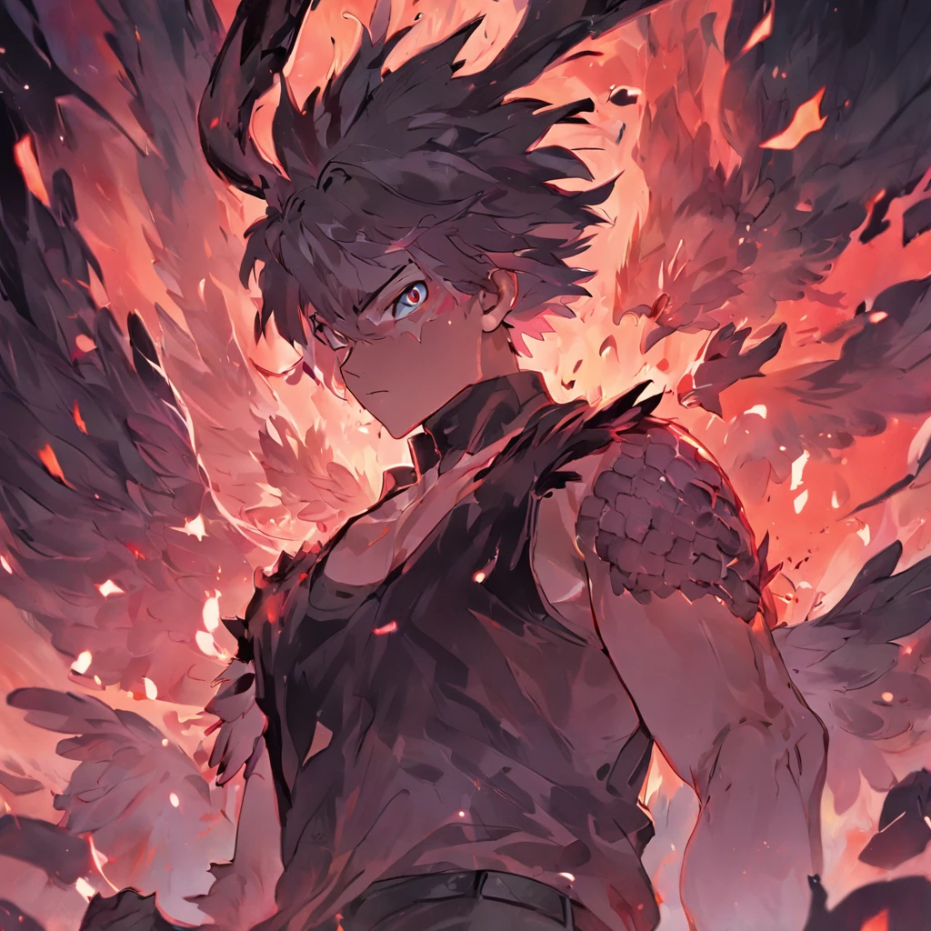 Ferocious chicken-headed man,The upper body is a chicken,The lower body is human,Wearing a black vest,handheldweapons,Hell background,Ghastly
