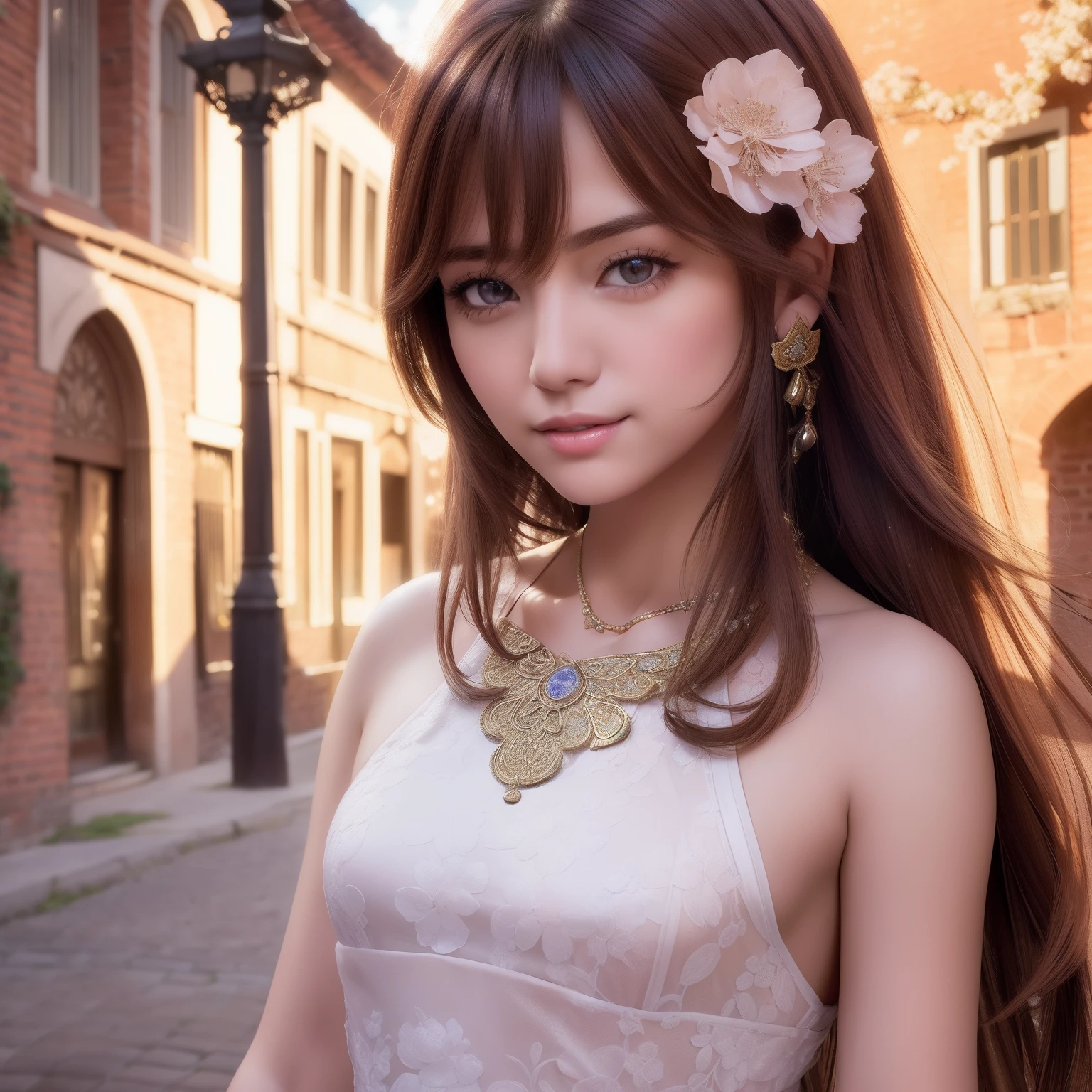 ultra realistic 8k cg, masterpiece, ((ultra detailed background, delicate pattern, intricate detail)), (highly detailed, fine details), best quality, (photorealistic:1.4),beautiful lighting,  absurdres, RAW photo, film grain, Viola, 1girl, black hair, smile, long hair, solo, flower, jewelry, earrings, hair ornament, hair flower, brown eyes, dress, smile, brown hair, necklace, bare shoulders, beautiful detailed lips, (slim girl, medium breasts), (complex detailed background, outside, old city, brick buildings, small town environment, nature),