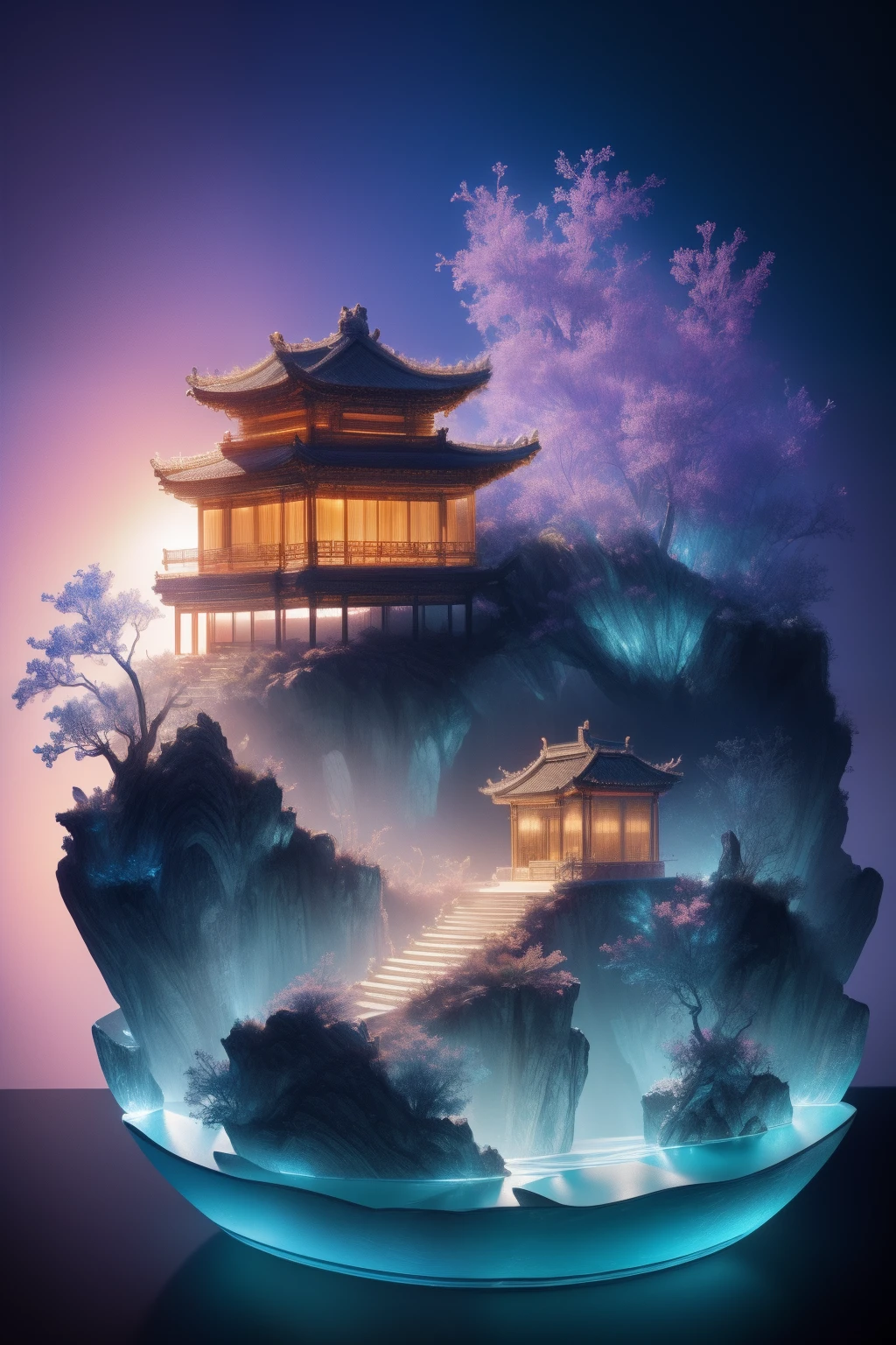 best quality, realistic, photorealistic, ultra detailed, Miniature landscape,Chinese architecture,Immortal Mansion, ceramics, Ultra wide angle,Accent Lighting,Volumetric Lighting,backlighting, (detailed light),((an extremely delicate and beautiful)),dramatic_shadow,ray_tracing,hdr,Rich colors,clean backdrop,blue colors,in pink