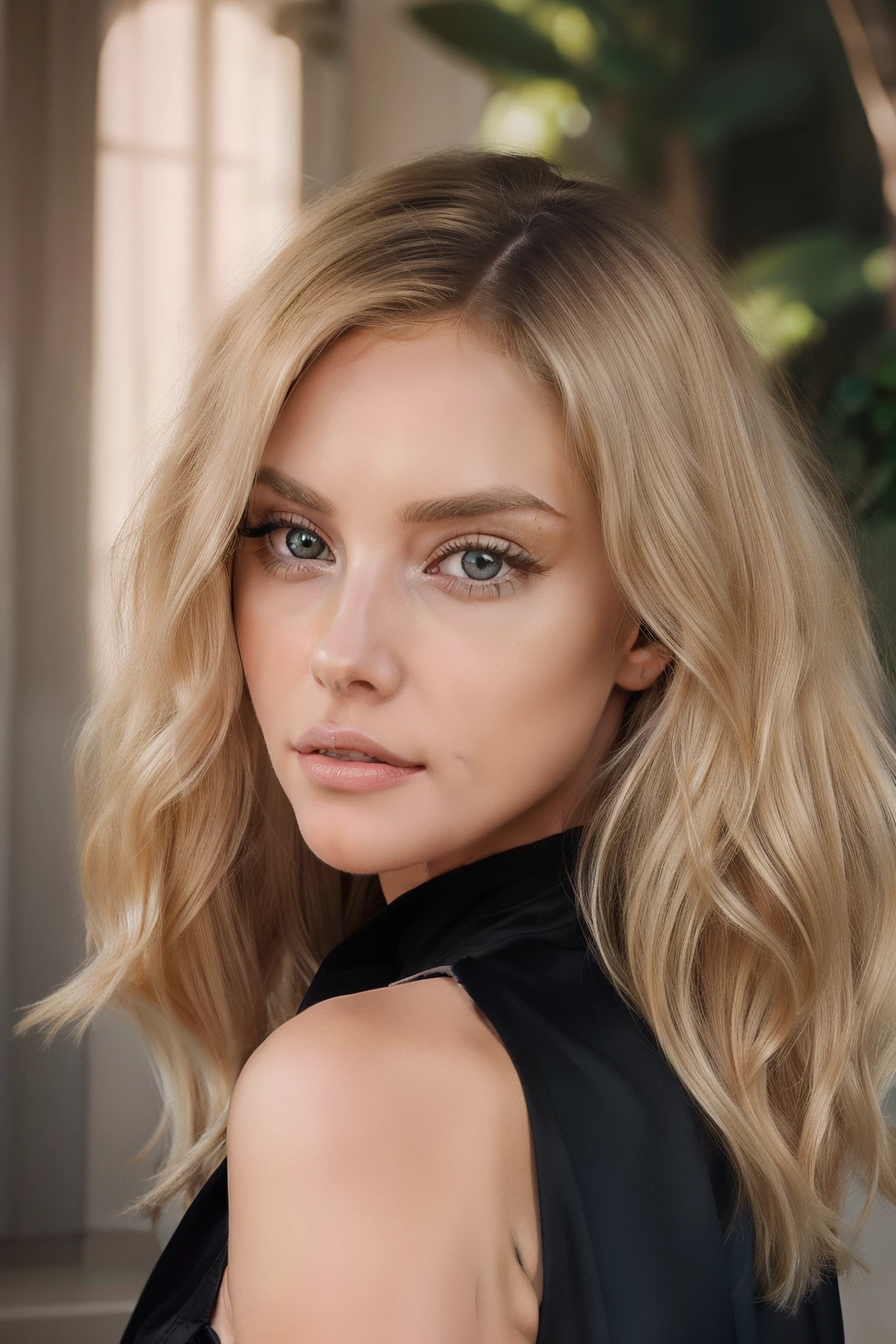 a close up of a woman with long blonde hair and a black dress, long blonde hair and large eyes, leaked image, blonde hair and large eyes, shoulder - length blonde hair, Alix Earle, curly middle part haircut, blonde, long wavy blonde hair, inspired by Károly Lotz, mikayla demaiter