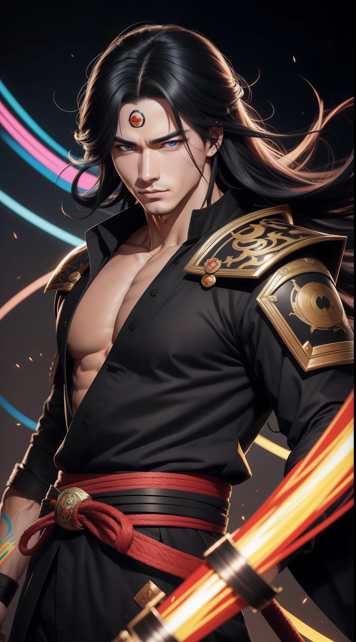 "Cheerful Madara 20 years old is a real masterpiece with masculine beauty, perfect anatomy. Olpntng style, colorful rainbow, black samurai outfit, clean design, epic Instagram, artstation, full streaks of colored paint, circles, outlines. When you look at his beautiful eyes, you will clearly see every little detail and perfect line, every detail on the skin is beautiful in 8K quality, people We will be captivated by the confidence radiating from every look. His head has black hair and his face is drawn meticulously in every detail with 8K image quality.''