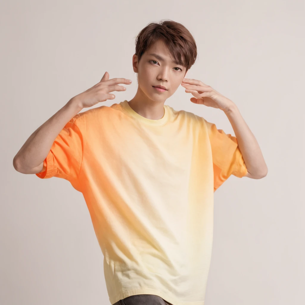 a person wearing a T-shirt with yellow gradient tones and in the center of the chest a bright and pulsating light in orange tones( Gradient). Over the Orange Light an open palm hand touching the t-shirt.
