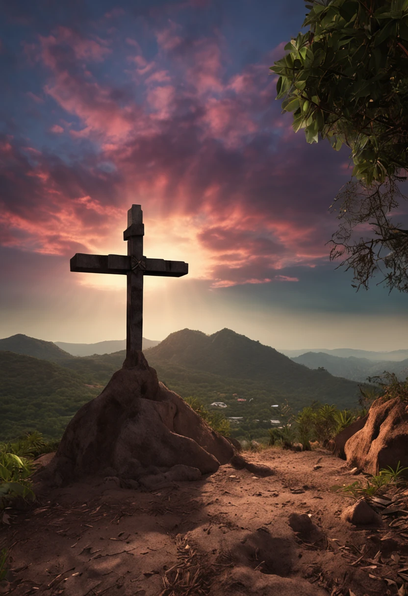 Cross where Jesus was crucified in high definition with sunset in the background , paisagem realista, coroa de espinhos na cruz