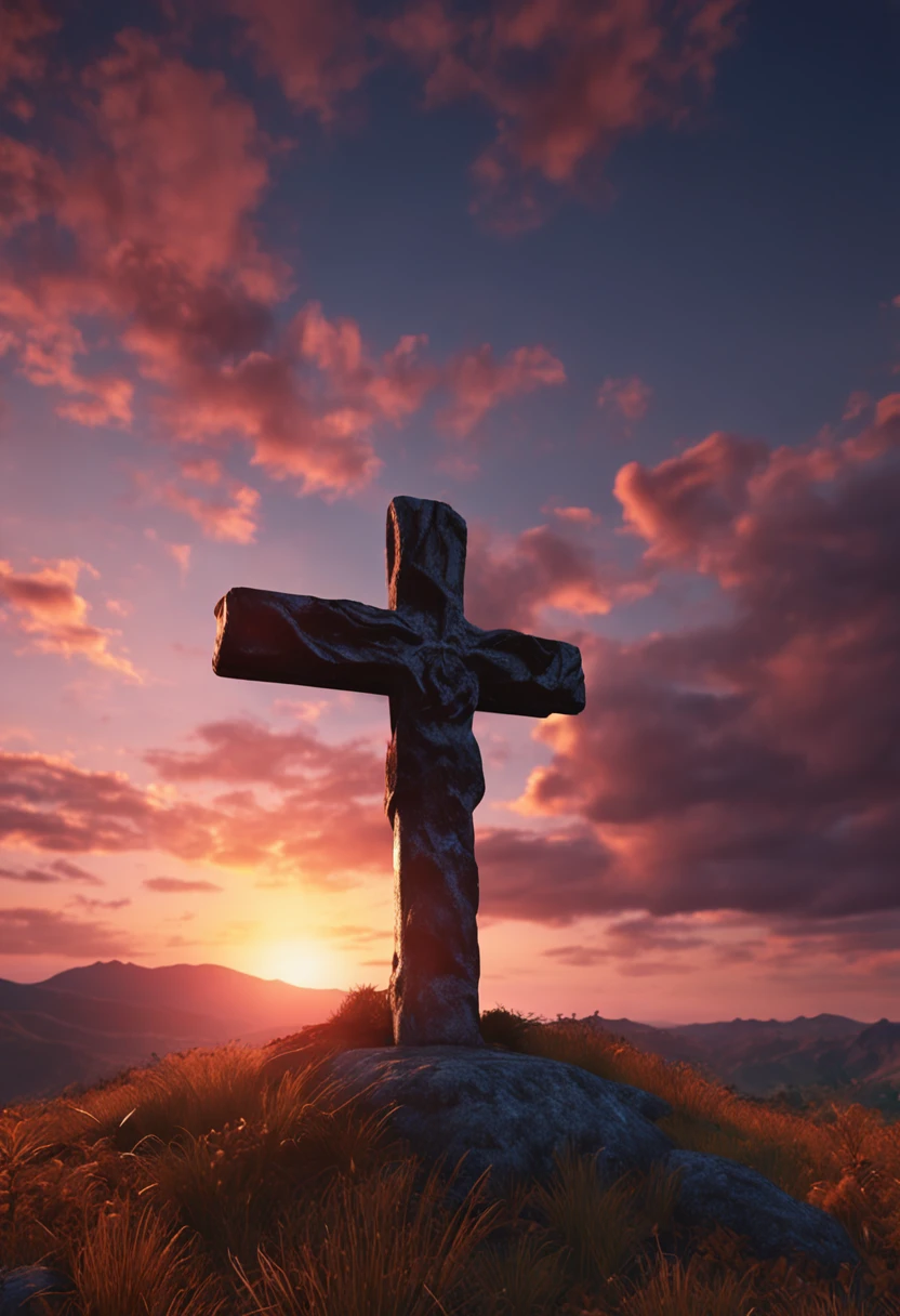Cross where Jesus was crucified in high definition with sunset in the background , paisagem realista, coroa de espinhos na cruz