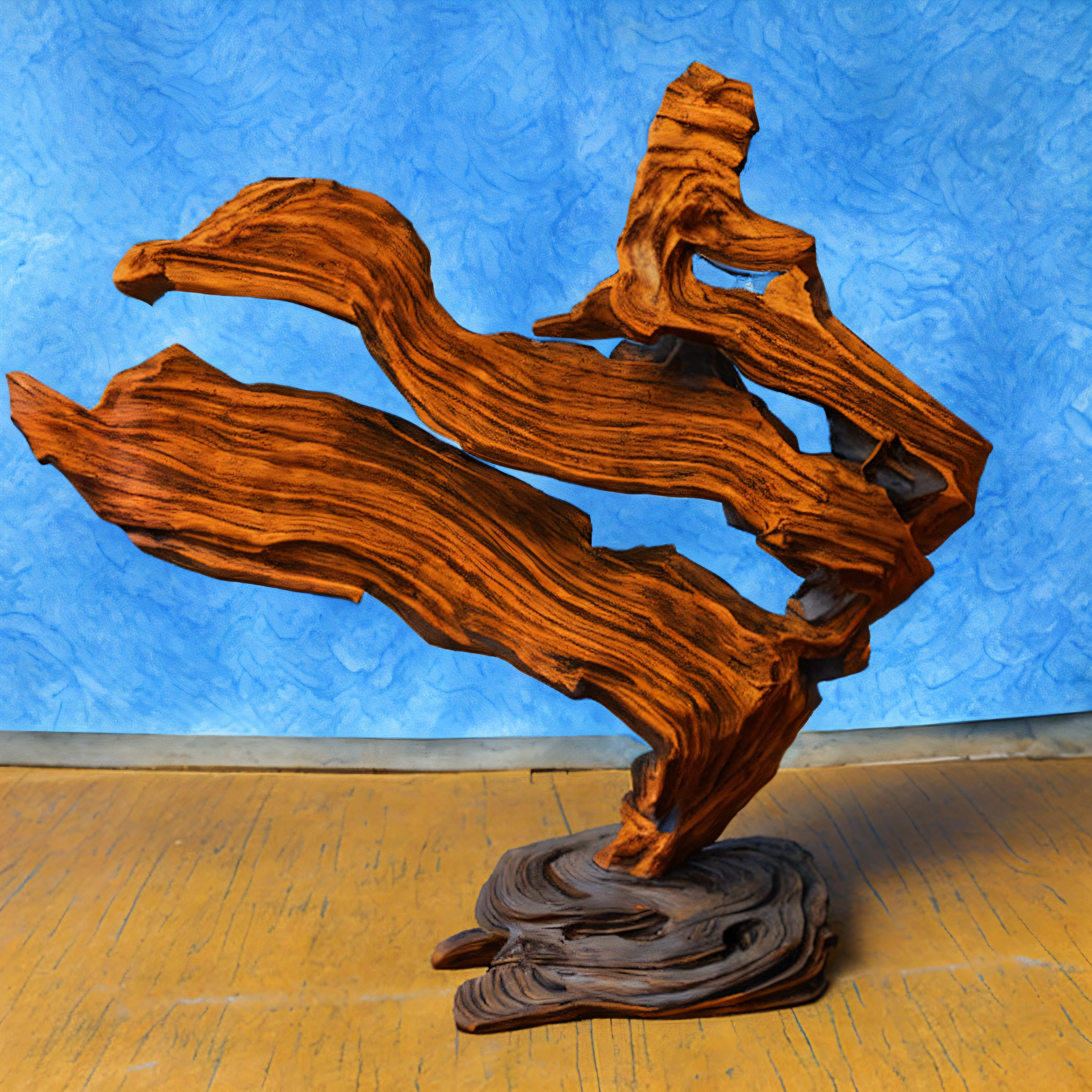 On the shelf there is a sculpture of a wooden figure, carved wood, driftwood sculpture, sculpture made of wood, wood art, Rough, wind blown, full height sculpture, Windswept, wooden statue, Wood carving, driftwood, wind - swept, abstract sculpture, carved wood, award winning sculpture, inspired by Rodney Joseph Burn, deep ocean sculpture