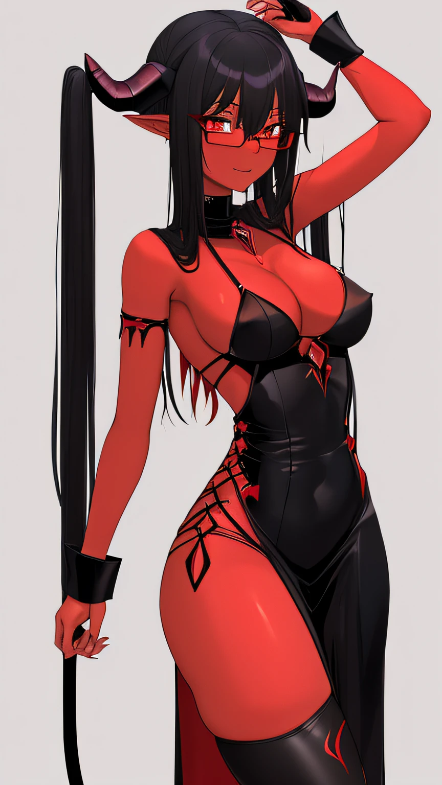 16 year-old succubus female with red skin, amber eyes, and black coily hair. has thick thighs, 36C breasts, a large ass, glasses, small black horns and a thin red tail, wearing a long white dress