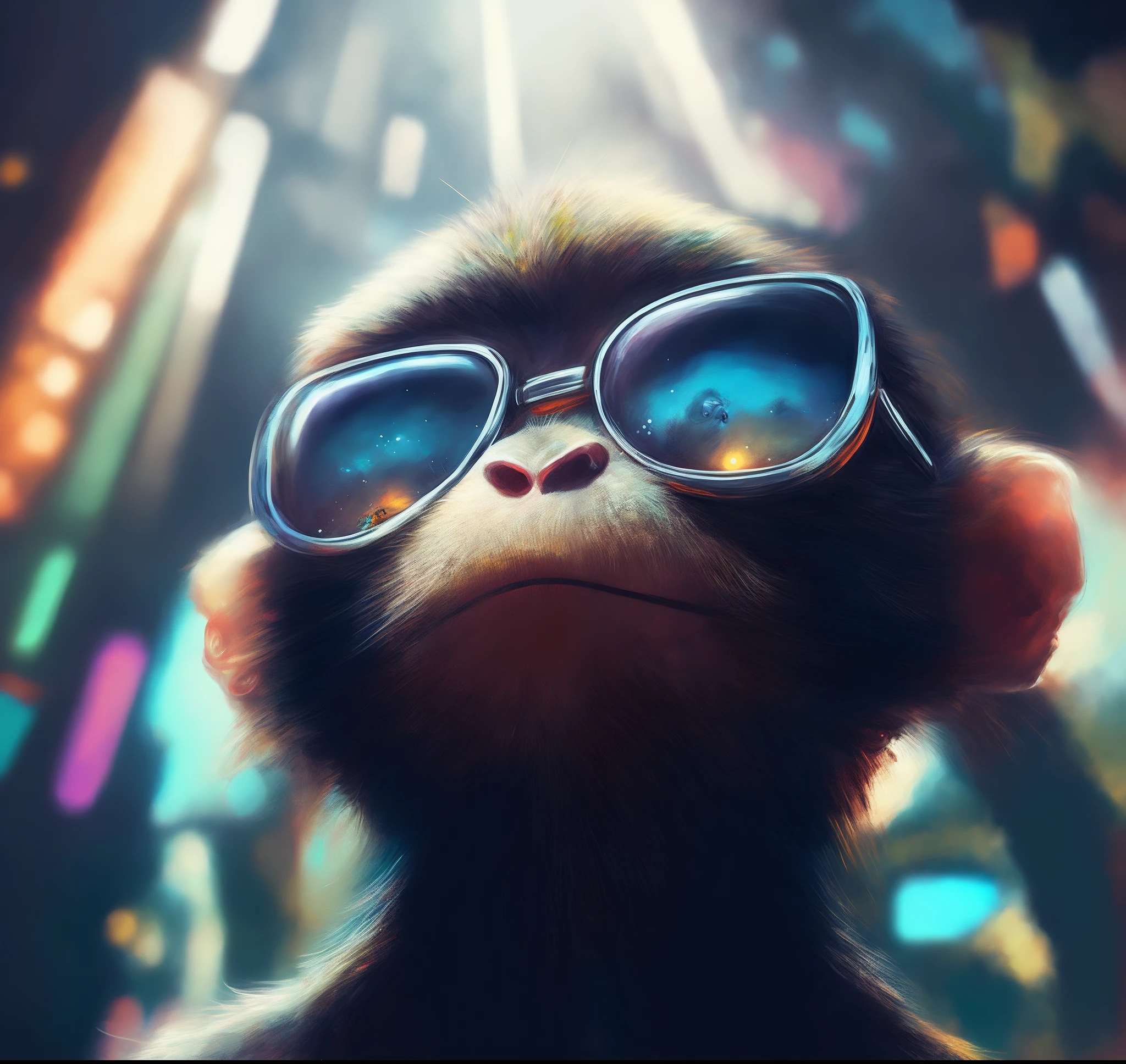 foto raw, 8k UHD, obra-prima, melhor qualidade, Monkey wearing sunglasses looking up at the sky, bipe!!, Wojtek FUS, arte do bipe, Estilo Beeple, 3d render bipe, bipe |, Beeple e Jeremias Ketner, em estilo de bipe, arte do bipe, Obra-prima Beeple, painting digital adorable