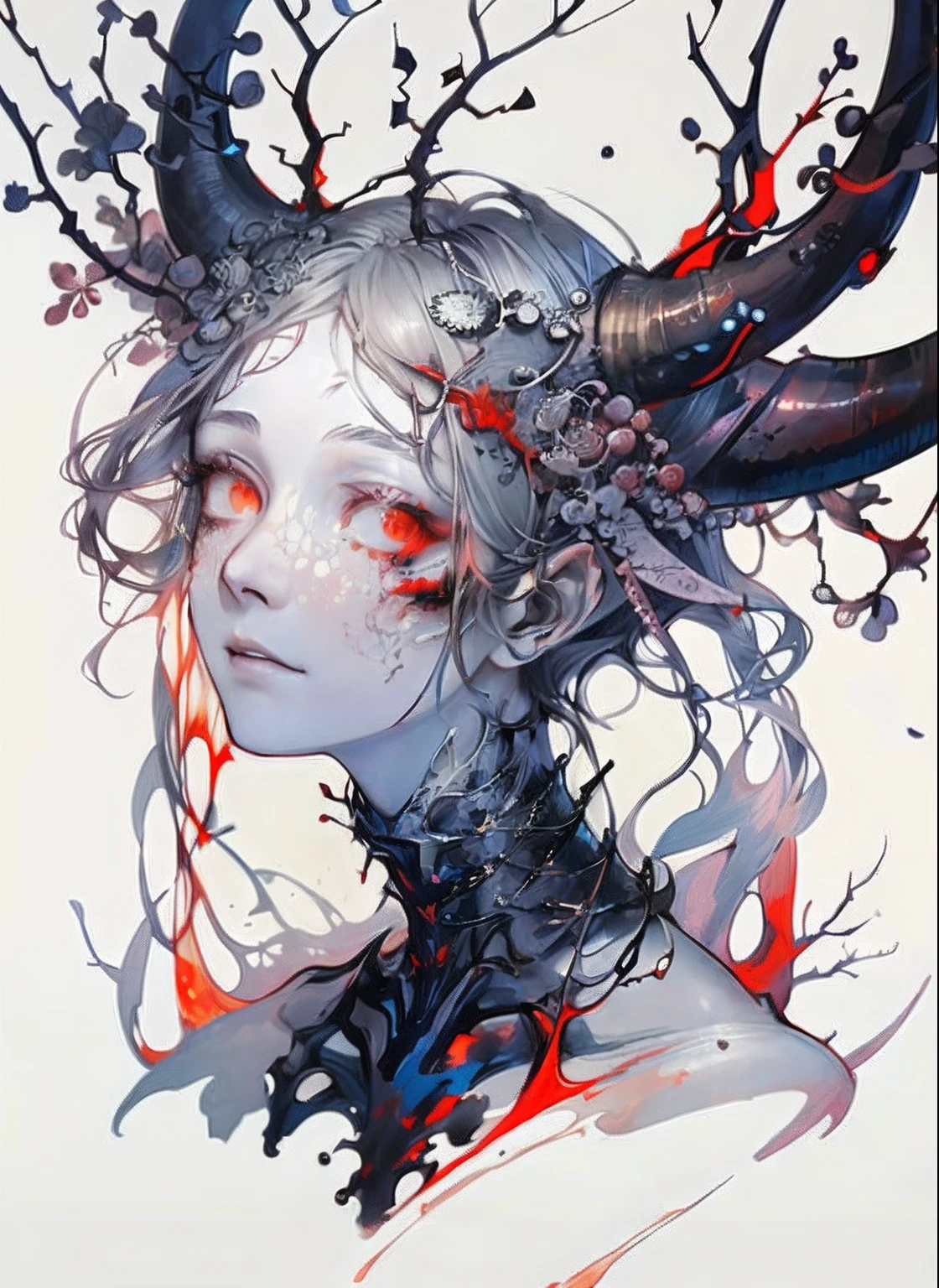 a drawing，A woman with horns and blood on her face, james jean and wlop, jinyoung shin art, hauntingly beautiful art, japanese pop surrealism, By Yuumei, A beautiful artwork illustration, loish |, inspired by Yanjun Cheng, james jean artwork, portrait of demon girl, by Yang J, james jean art