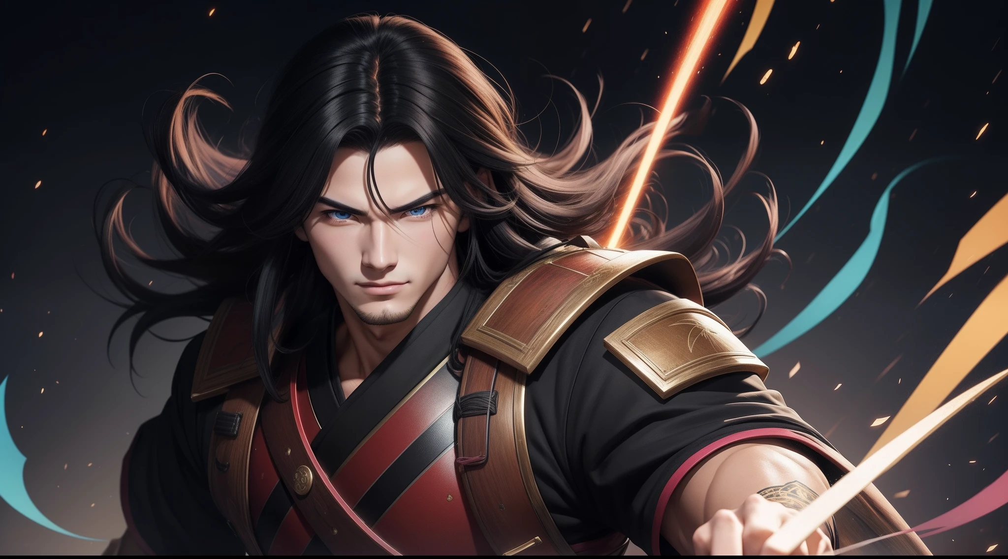 "Cheerful Madara 20 years old is a real masterpiece with masculine beauty, perfect anatomy. Olpntng style, colorful rainbow, black samurai outfit, clean design, epic Instagram, artstation, full streaks of colored paint, circles, outlines. When you look at his beautiful eyes, you will clearly see every little detail and perfect line, every detail on the skin is beautiful in 8K quality, people We will be captivated by the confidence radiating from every look. His head has black hair and his face is drawn meticulously in every detail with 8K image quality.''