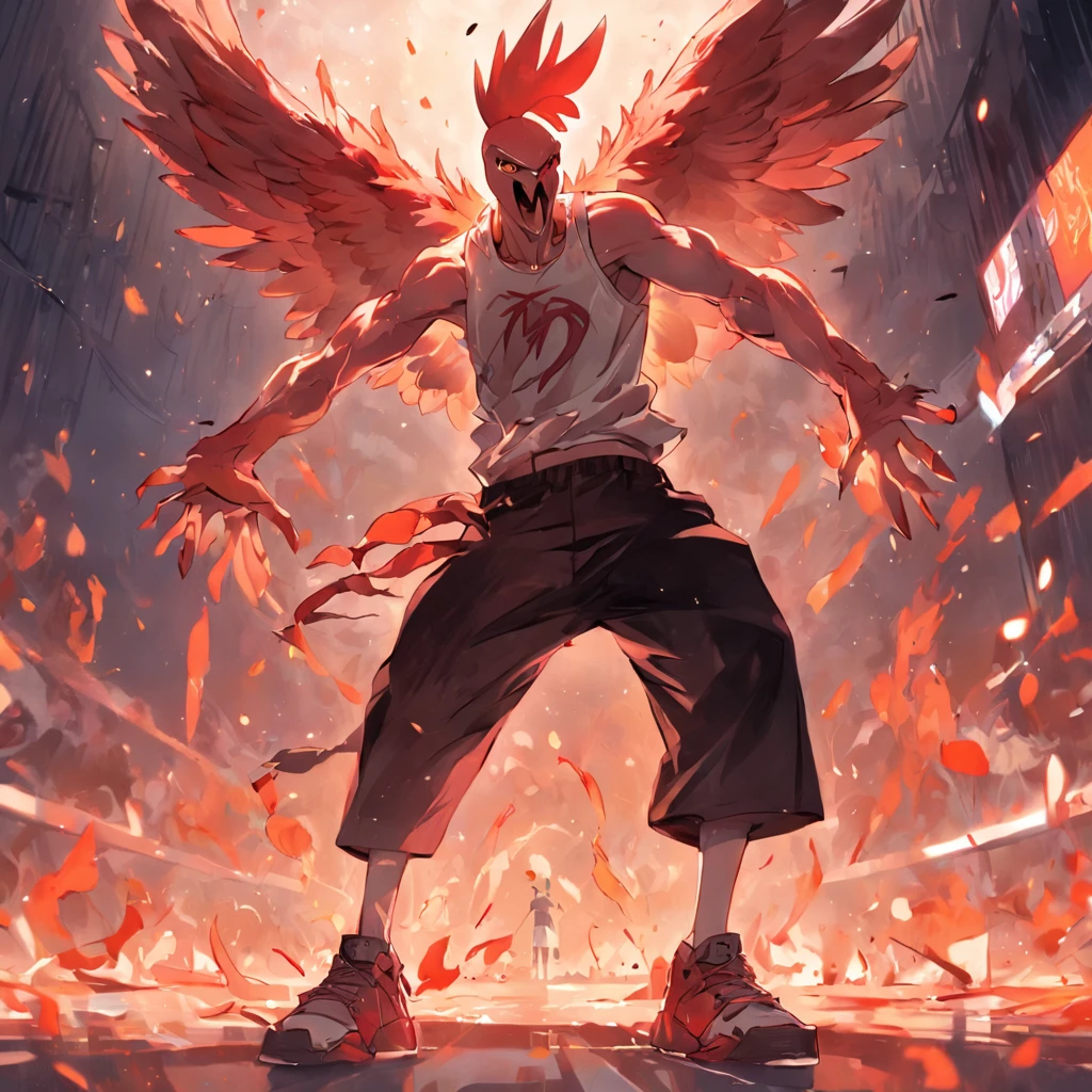 Ferocious chicken-headed man,The upper body is a chicken,The lower body is human,wearing a black tank top,Playing the Basketball,Hell background,Ghastly