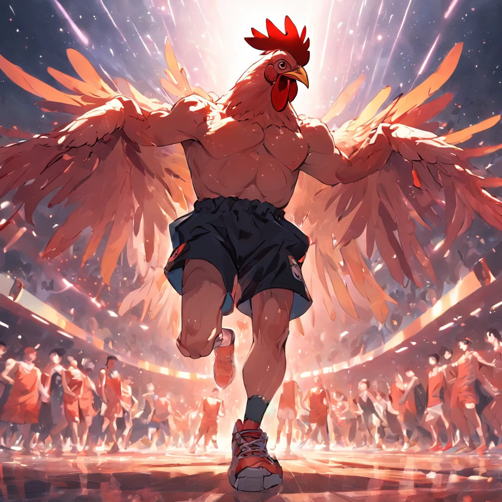 Ferocious chicken-headed man，The upper body is a chicken，The lower body is human，wearing a black tank top，Playing the Basketball，Hell background，Ghastly