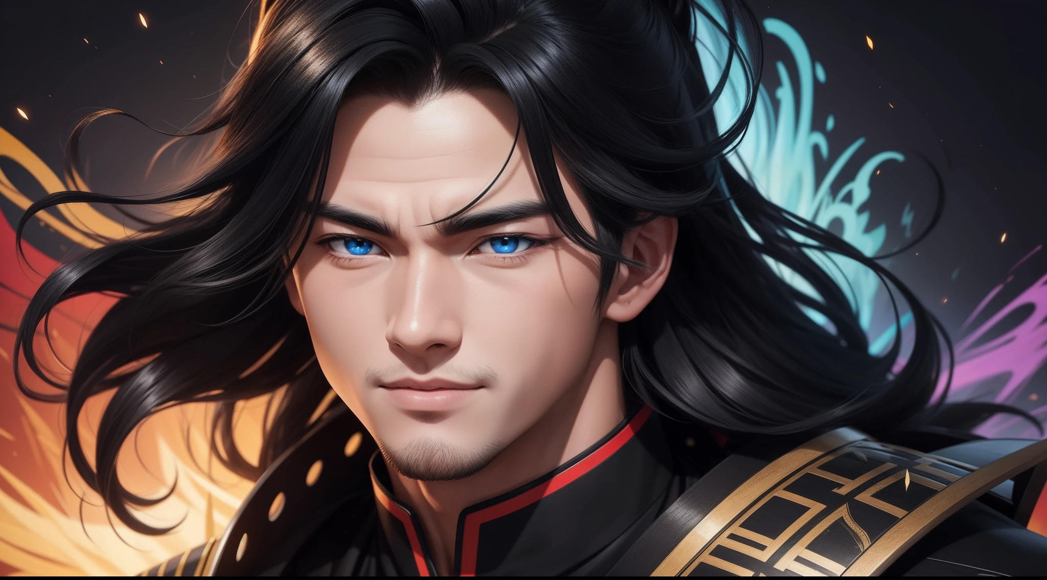 "Cheerful Madara 20 years old is a real masterpiece with masculine beauty, perfect anatomy. Olpntng style, colorful rainbow, black samurai outfit, clean design, epic Instagram, artstation, full streaks of colored paint, circles, outlines. When you look at his beautiful eyes, you will clearly see every little detail and perfect line, every detail on the skin is beautiful in 8K quality, people We will be captivated by the confidence radiating from every look. His head has black hair and his face is drawn meticulously in every detail with 8K image quality.''