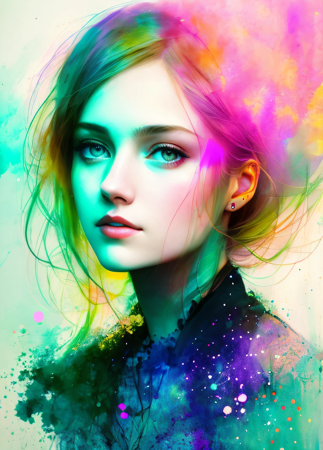 woman with agnes cecile, glowing design, pastel colors, ink drops, autumn lights