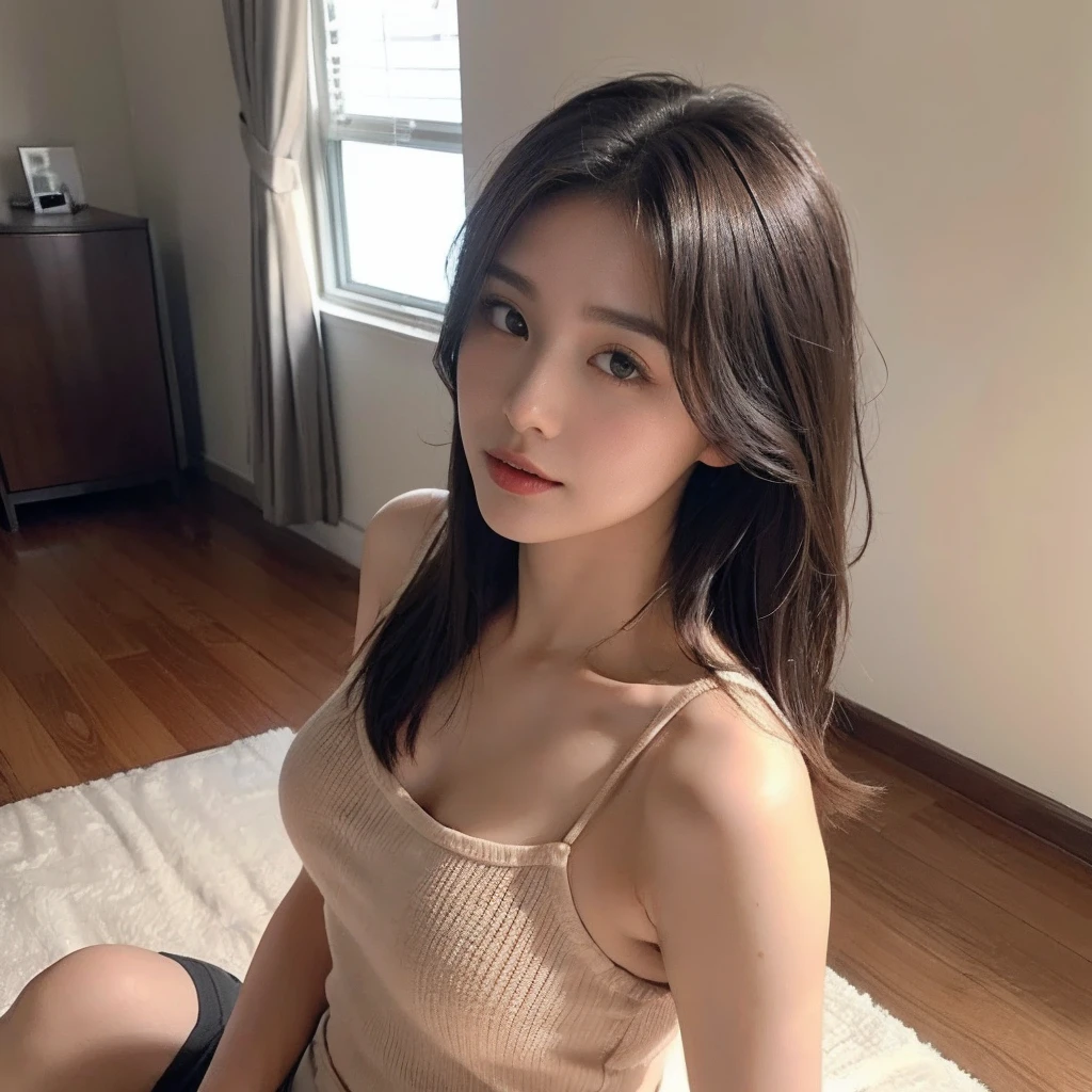1 Girl,living room,Soft Light,Chinese Beauty,Sleeveless short dress,Dark-haired,Length of hair