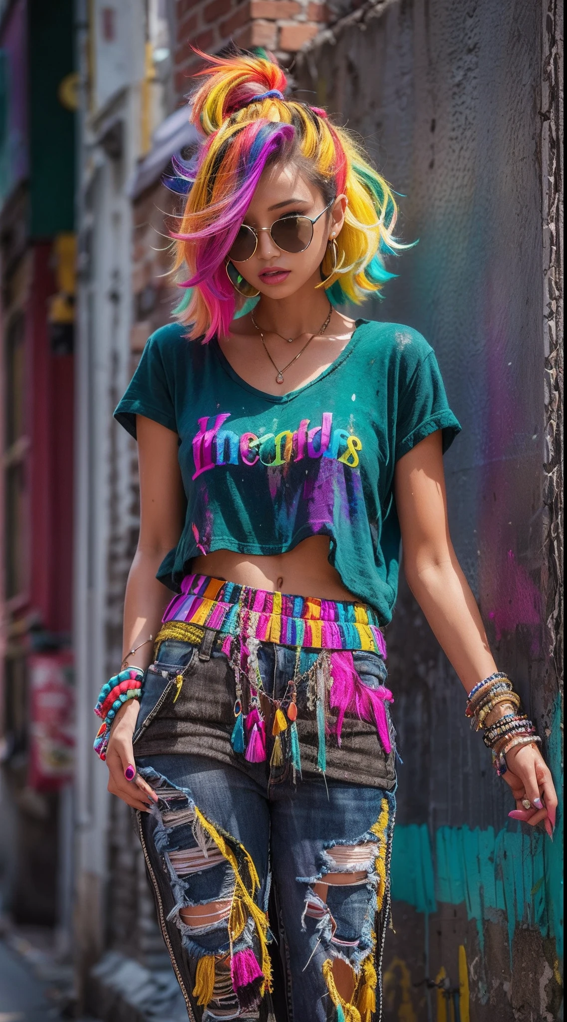 Aalfid woman，Colorful hair leaning against the wall, vivid vivid colors, multicolored clothing, Cut tattered T-shirts, vibrant color details, Vibrant and dynamic, bright vibrant colors, multicolored clothing, Intense and vivid colors, vivid vivid colors, Vivid and vibrant colors, vibrant tones, colorful outfit, colorful fashion, vivd colour, vivid and vibrant
