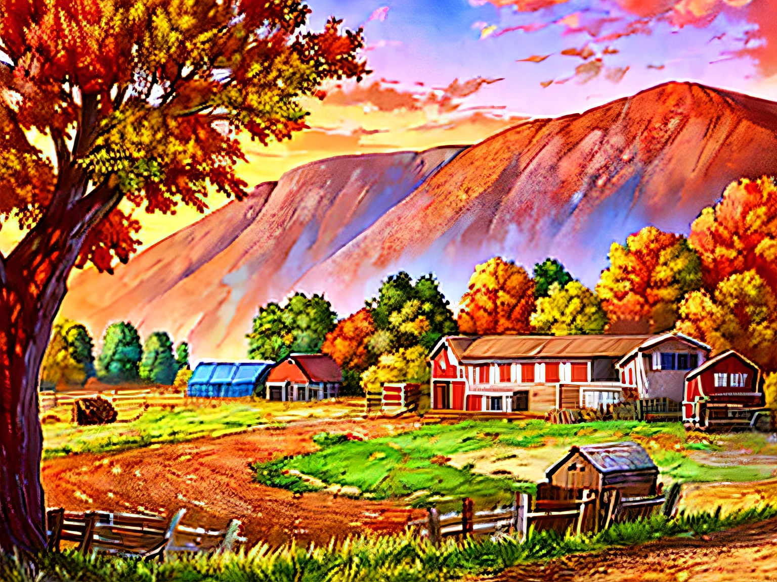 painting of a farm scene with a red truck and a red barn, rural splendor, high definition screenshot, darrell k sweet, autumn season, inspired by Terry Redlin, farmhouse, beautiful high resolution, scenery artwork, by Harold Sandys Williamson, countryside city scene, beautiful detailed scene, detailed scene, american scene painting, full - view, immensely detailed scene