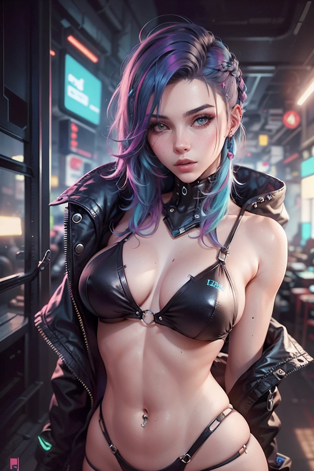 beautiful woman, coloured hair, Ropa de cuero sexy, senos largos, cuerpo completo, ojos perfectos, Estilo cyberpunk, Detalles realistas, cerrar, retrato