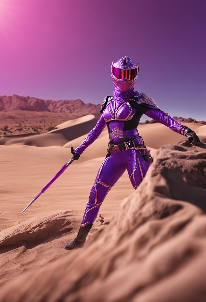 rita from power rangers, 1female, helmet, horns, hijab on face, transparent ninja mask, holding staff, 8k, ultra hd, 4k, photo accurate, cinematic, ambient occlusion, looking at viewer, green eyes, black hair, middle aged, purple armour, desert background, bright background