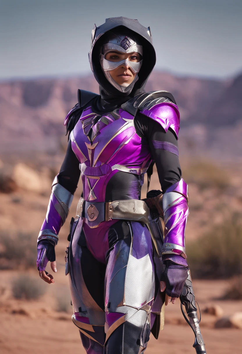 rita from power rangers, 1female, helmet, horns, hijab on face, transparent ninja mask, holding staff, 8k, ultra hd, 4k, photo accurate, cinematic, ambient occlusion, looking at viewer, green eyes, black hair, middle aged, purple armour, desert background, bright background