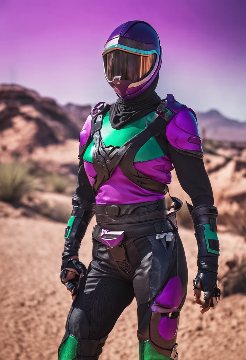 rita from power rangers, 1female, helmet, horns, hijab on face, transparent ninja mask, holding staff, 8k, ultra hd, 4k, photo accurate, cinematic, ambient occlusion, looking at viewer, green eyes, black hair, middle aged, purple armour, desert background, bright background