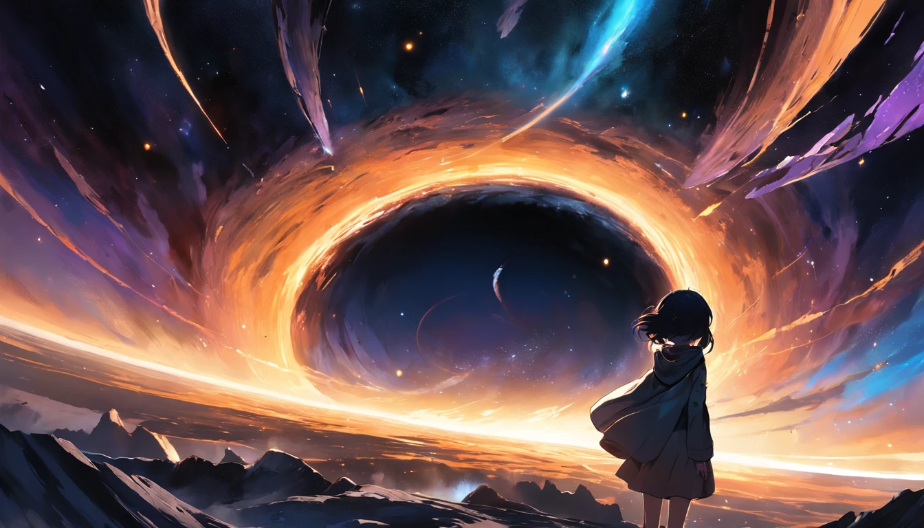 Visualize a daring space explorer approaching the edge of a black hole, Where time and space distort in a captivating way. Conveying an exhilarating yet dangerous journey into the unknown