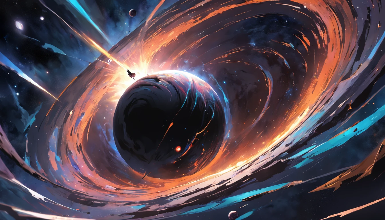 Visualize a daring space explorer approaching the edge of a black hole, Where time and space distort in a captivating way. Conveying an exhilarating yet dangerous journey into the unknown