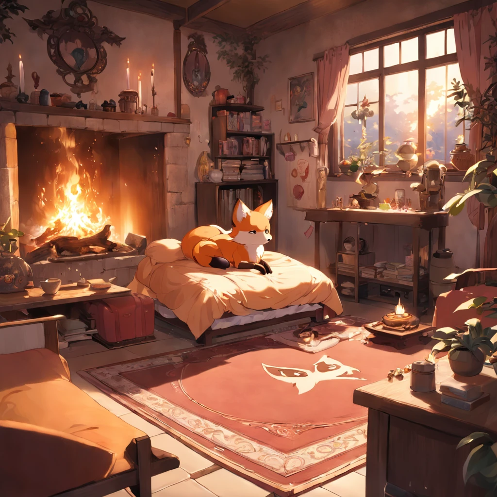 Anime character Little cute fox girl , Big room, A lonely day, Dream Tree House, Property was everywhere in the room, Gibley studio style, Intricate golden fur, Beautiful and big eyes, Warm room，The backs of anime characters can be seen, Sit in front of a warm brazier, Comfortable room with fur carpets, high tea, Plants on the dining table, Soft light through the windows