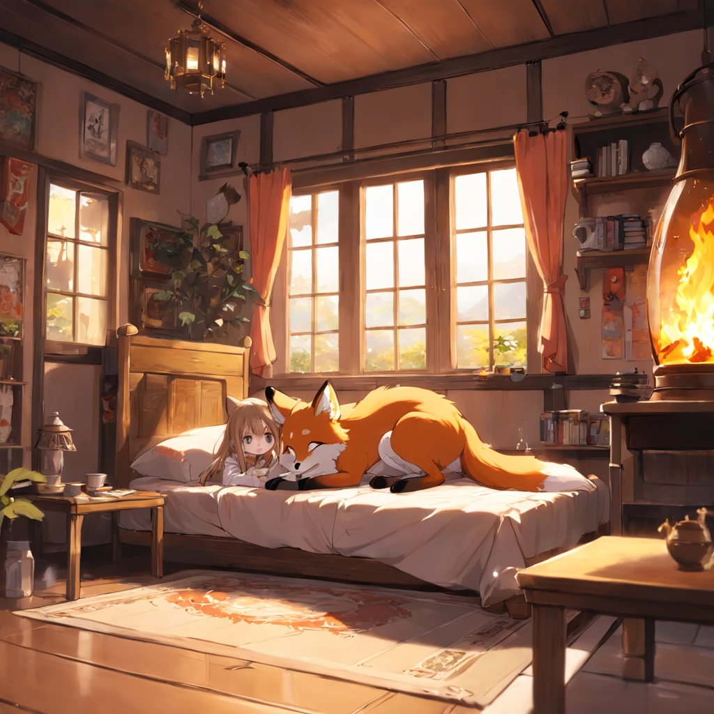 Anime character Little cute fox girl , Big room, A lonely day, Dream Tree House, Property was everywhere in the room, Gibley studio style, Intricate golden fur, Beautiful and big eyes, Warm room，The backs of anime characters can be seen, Sit in front of a warm brazier, Comfortable room with fur carpets, high tea, Plants on the dining table, Soft light through the windows
