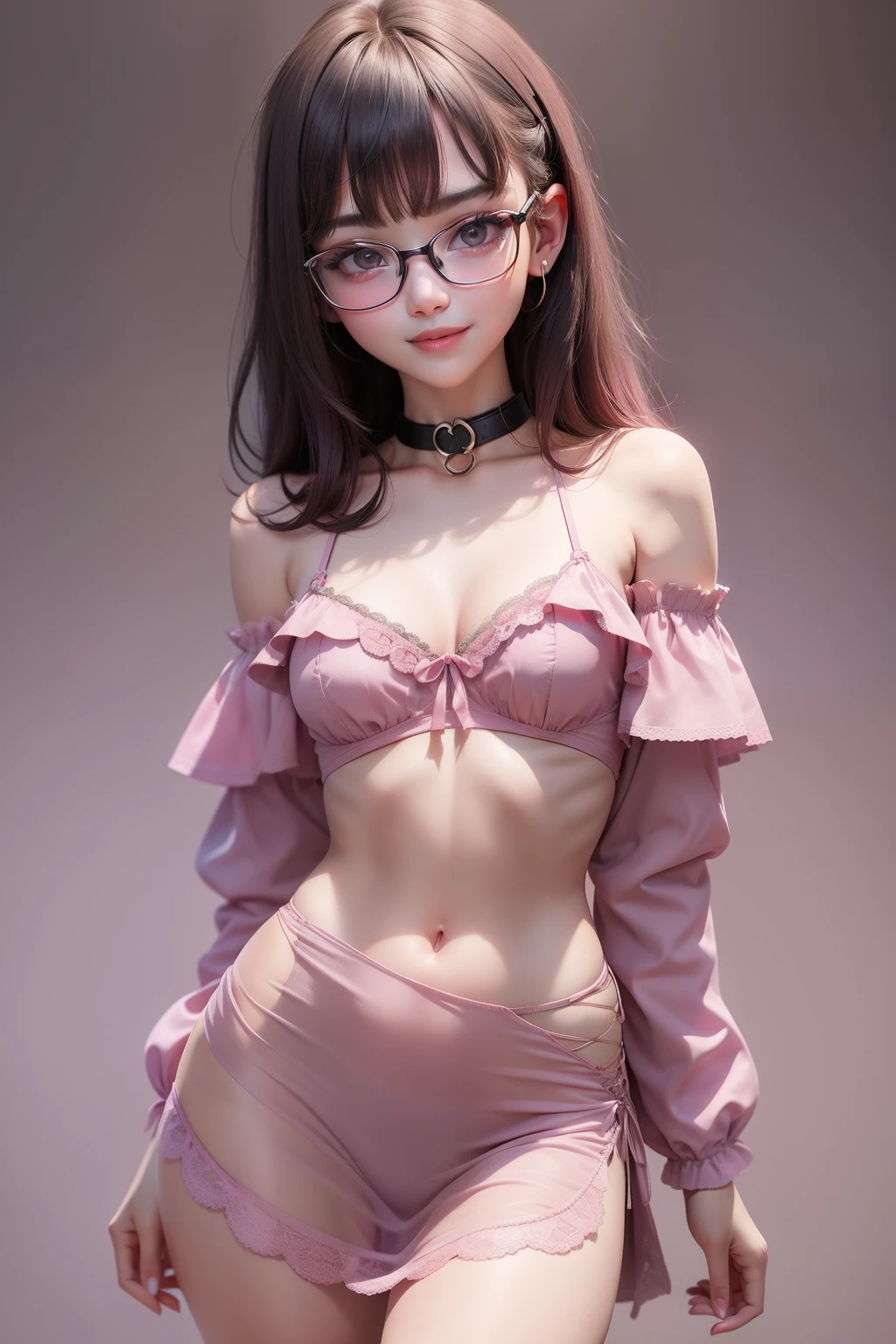 1 cute girl (18yo) glasses, upper body, slim waist, small breast, sexy pose, naugthy face, bangs, random hairstyle, cleavage, navel, collar, collarbone, off shoulder, seductive smile, wear intricately detail hot and sexy outfit, night dress, pink color. flat gray color for background