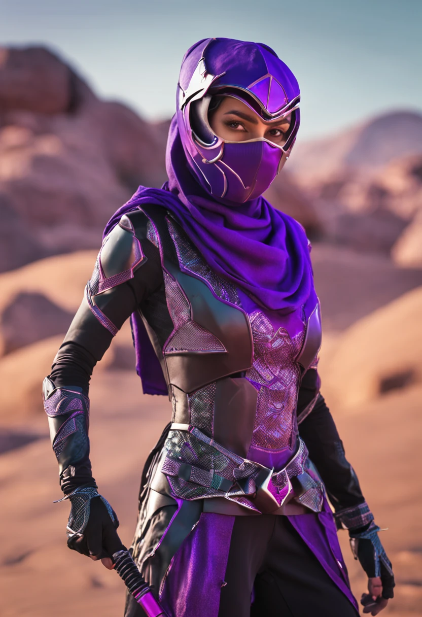 (a busty malaysian woman (age 20), sexy, fishnet translucent bodysuit, hijab), she is posing near her (purple combat mech, heat themed symbols), in city
