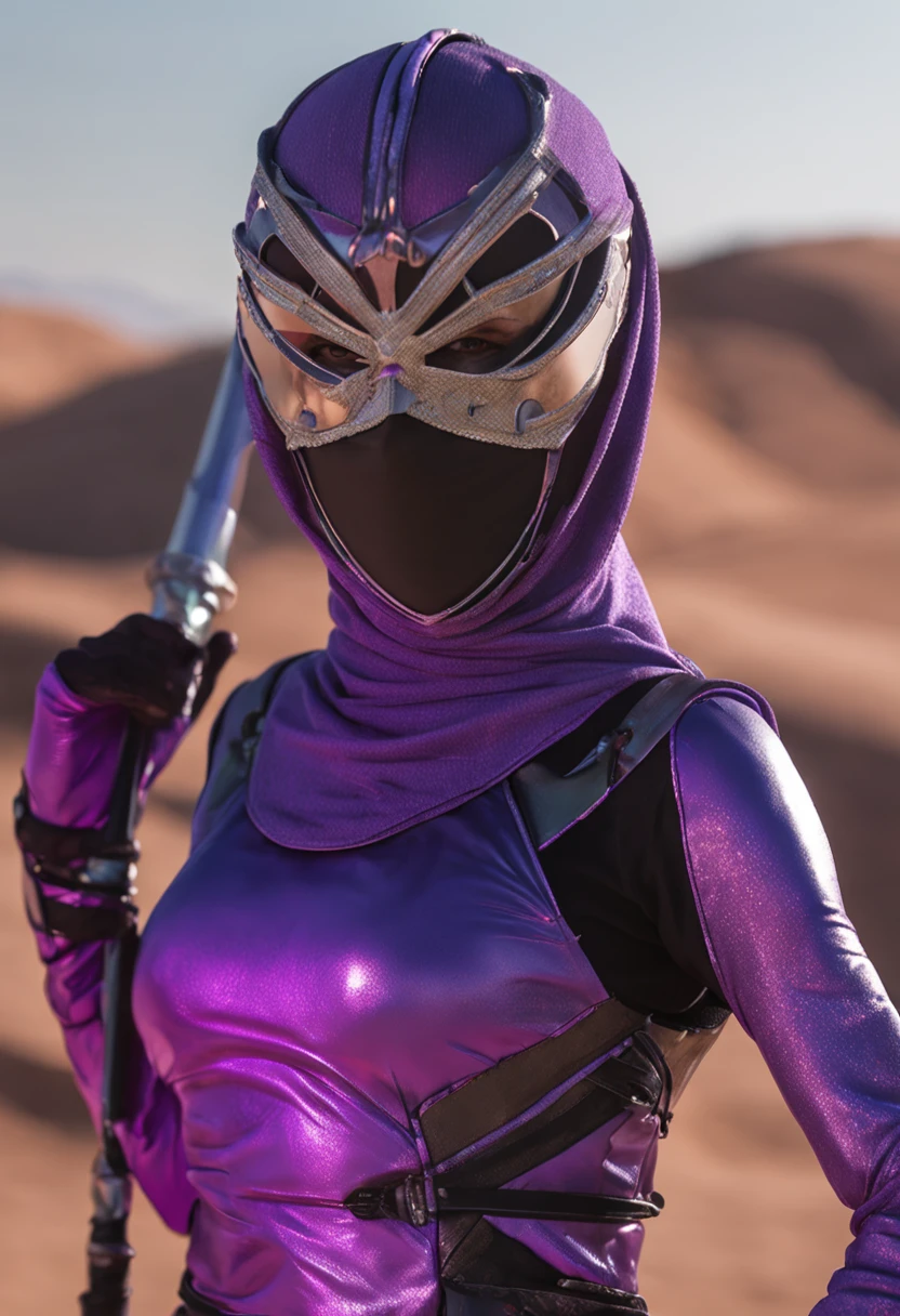 rita from power rangers, 1female, helmet, horns, hijab on face, transparent ninja mask, holding staff, 8k, ultra hd, 4k, photo accurate, cinematic, ambient occlusion, looking at viewer, green eyes, black hair, middle aged, purple armour, desert background, bright background, hijab, transparent face mask